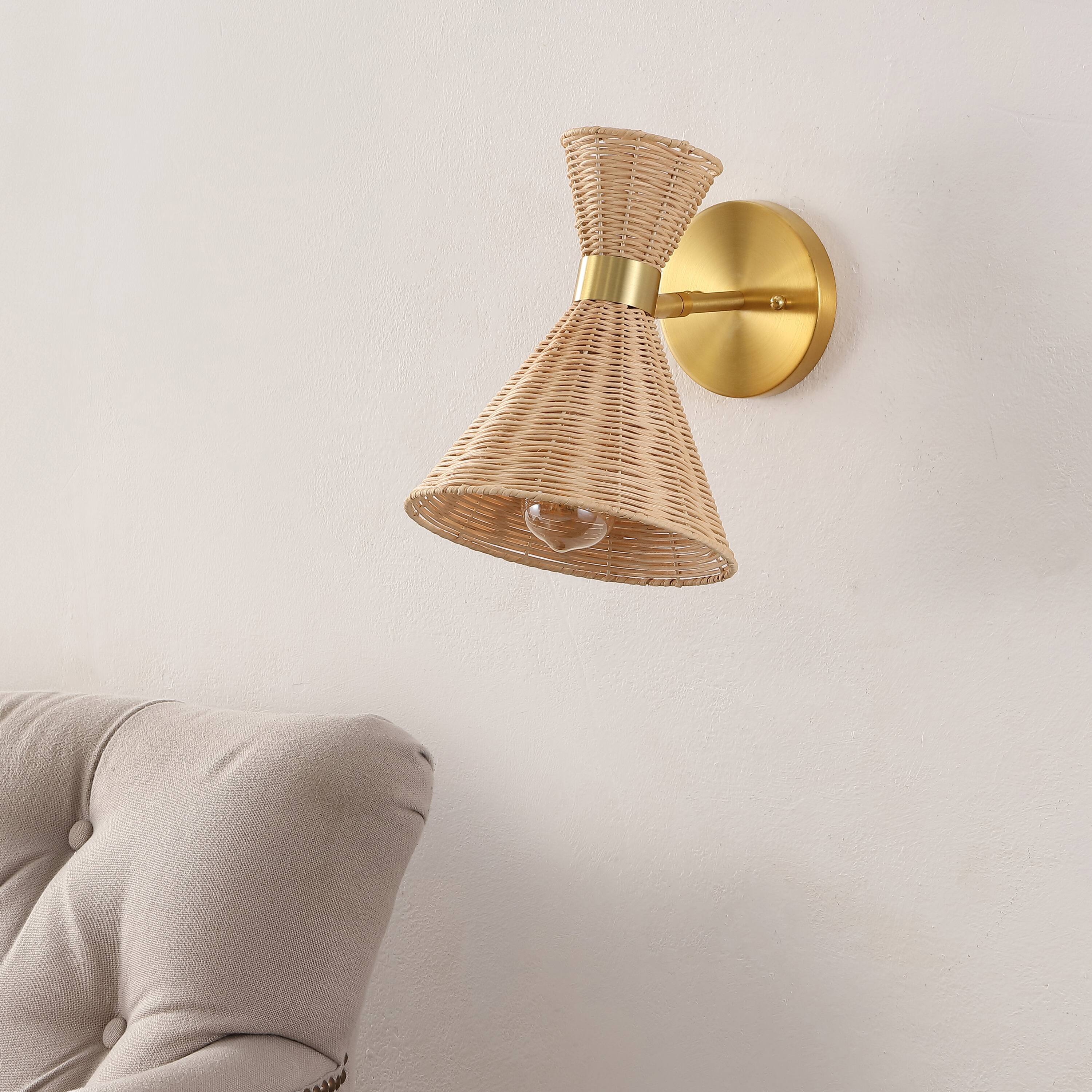 Alt View 6. Jonathan Y - Zoey 10" 1-Light Mid-Century Vintage Retro Rattan/Metal LED Sconce with Adjustable Shade, Light Brown/Brass Gold - Brass Gold/Light Brown.