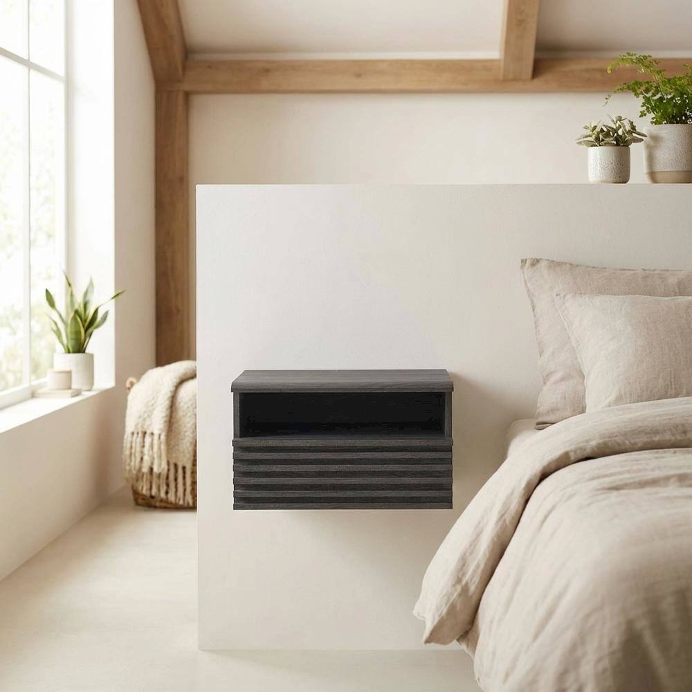 Angle. FurniFact - Wooden Wall-Mount Nightstand in Gray Finish with Contemporary Design - Gray.