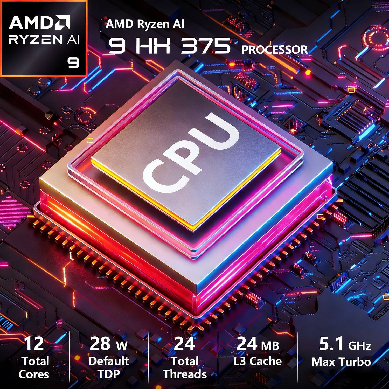 AMD Ryzen AI 9 HH 375 Processor  
- 12 Total Cores  
- 28 W Default TDP  
- 24 Total Threads  
- 24 MB L3 Cache  
- 5.1 GHz Max Turbo