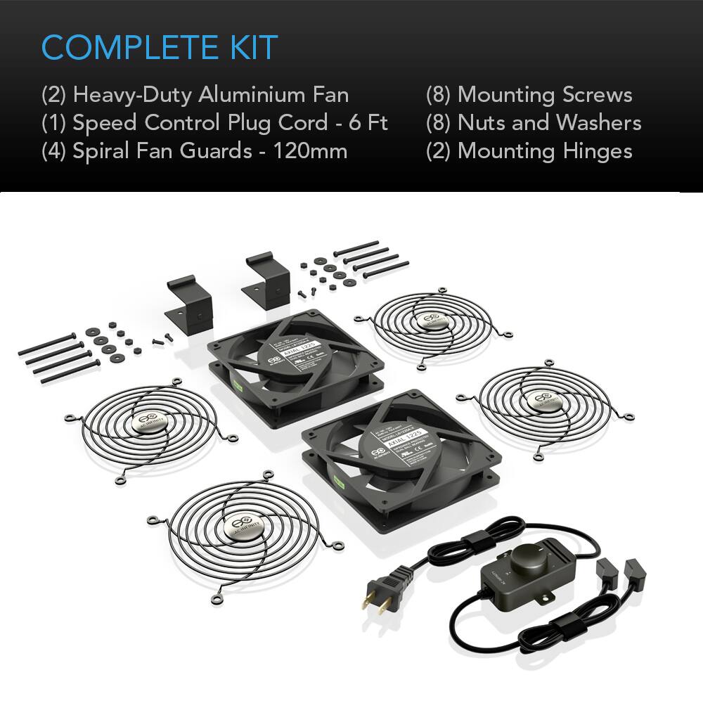COMPLETE KIT  
(2) Heavy-Duty Aluminium Fan  
(1) Speed Control Plug Cord - 6 Ft  
(4) Spiral Fan Guards - 120mm  
(8) Mounting Screws  
(8) Nuts and Washers  
(2) Mounting Hinges  

AXIAL 1225 est CE  
CC |||  
1225 AXIAL CC GO .95-  
es  
CC ACINFISITY