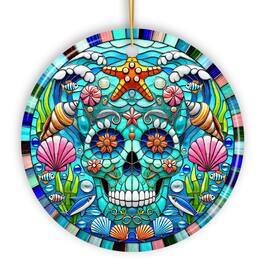 OrnamentallyYou - Oceanic Oasis Sugar Skull Stained Glass Style Ornament Marine Wonder Christmas Gift and Decor - Multi-colored