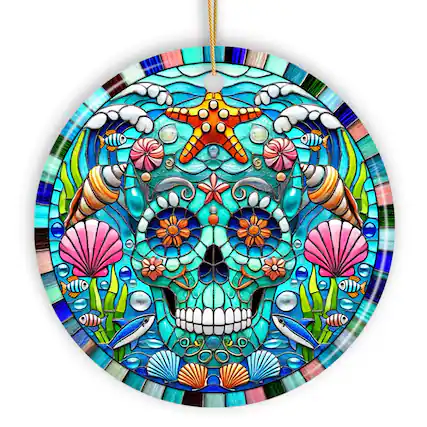 Front. OrnamentallyYou - Oceanic Oasis Sugar Skull Stained Glass Style Ornament Marine Wonder Christmas Gift and Decor - Multi-colored.