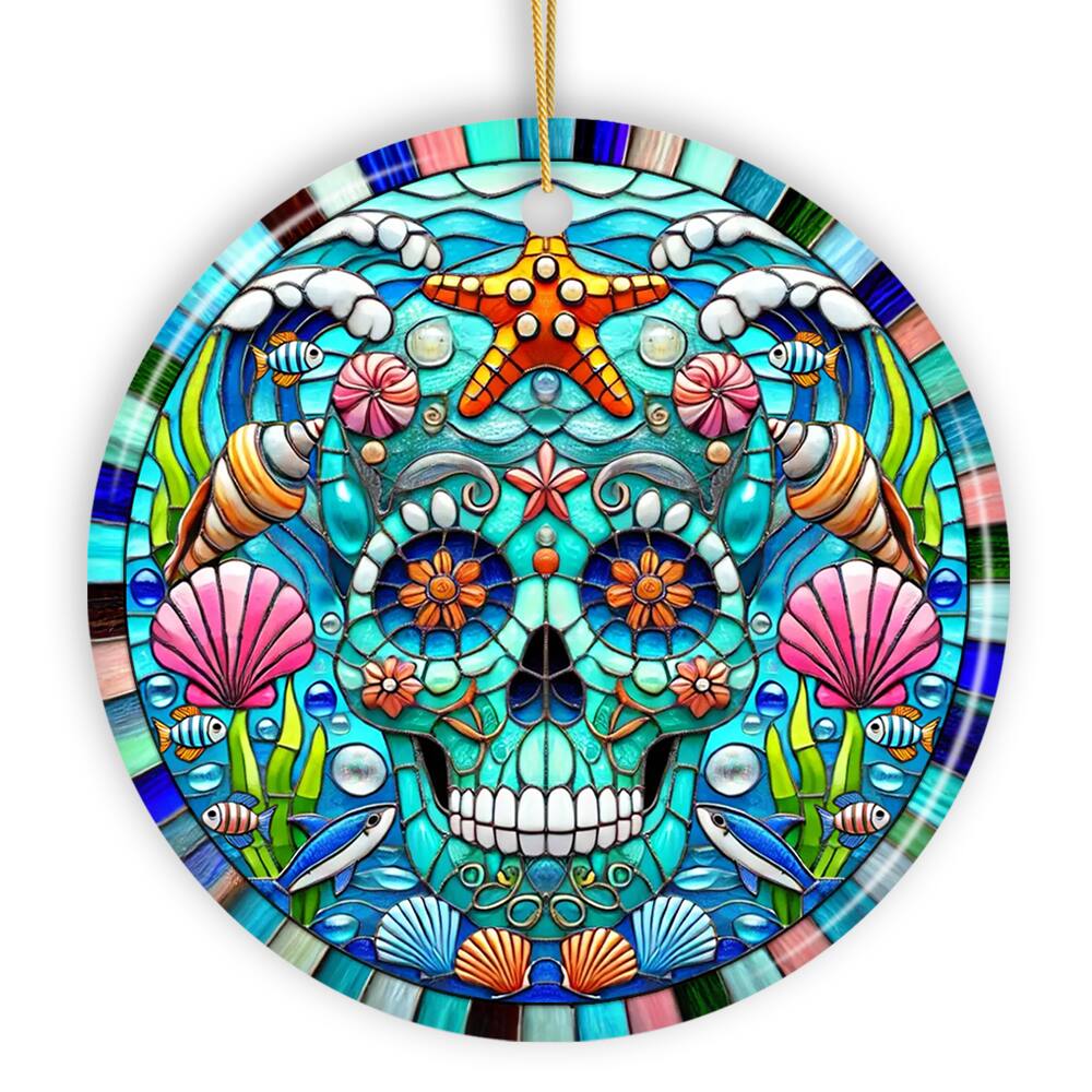 Front. OrnamentallyYou - Oceanic Oasis Sugar Skull Stained Glass Style Ornament Marine Wonder Christmas Gift and Decor - Multi-colored.