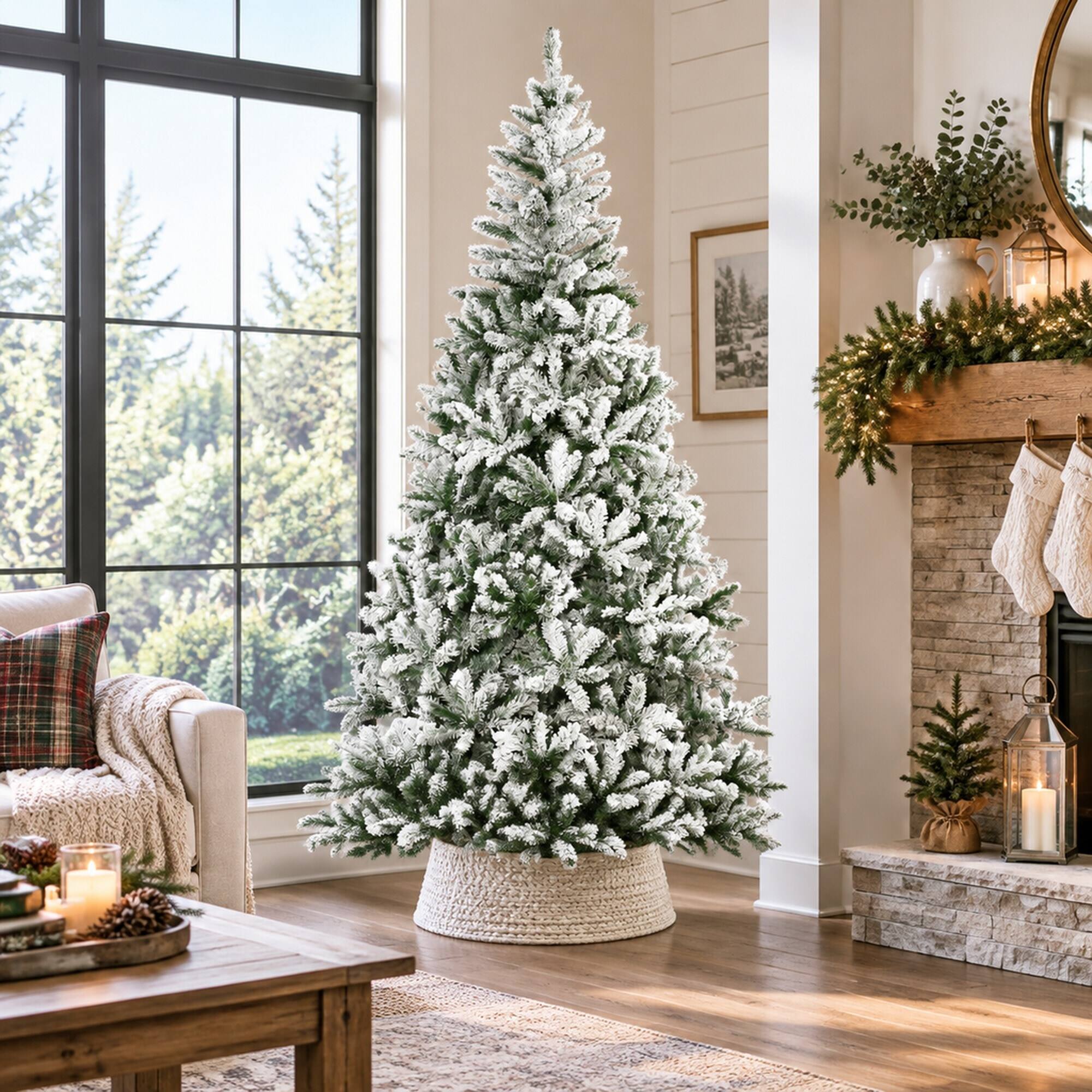 Back. RYHNUYNE - 9 Ft Unlit Snow Flocked Pine Green Christmas Tree With Realistic Branches,Hinged Design Metal Stand Easy Assembly - Green.