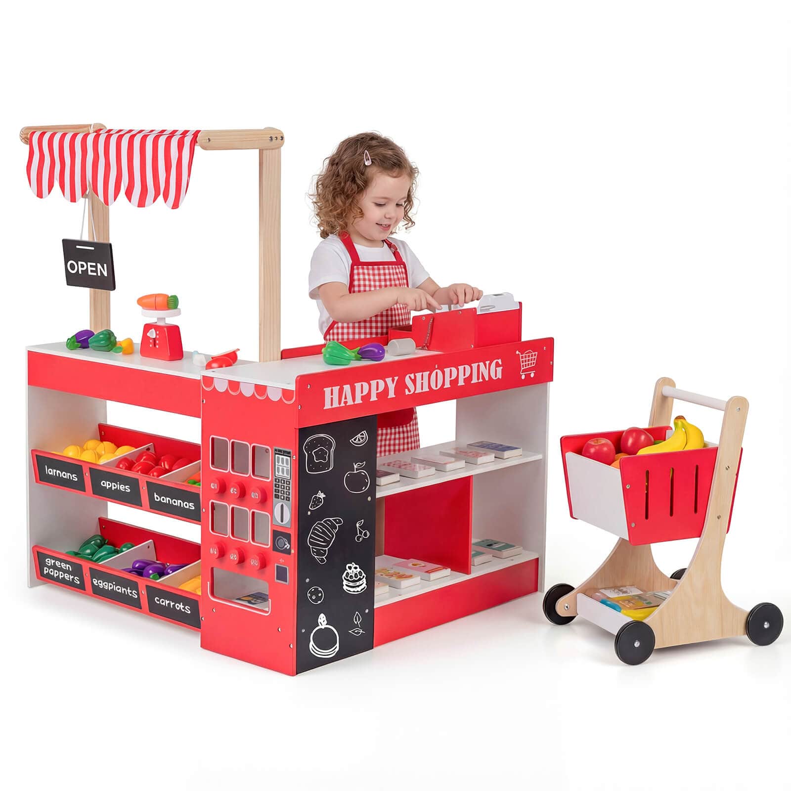 Costway - Kids Grocery Store Playset Wooden Pretend Play Supermarket with Shopping Cart - Red + White