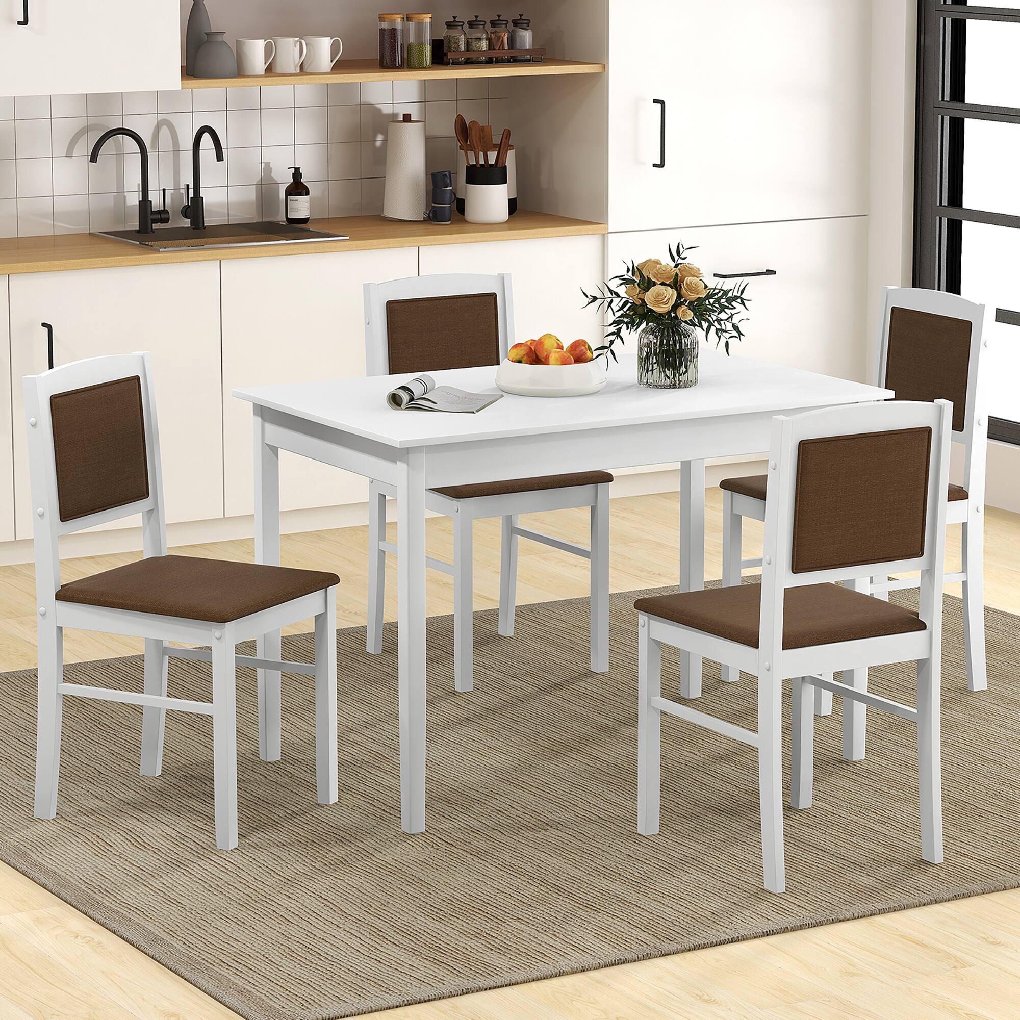 Alt View 1. Gymax - Gymax 5 PCS Dining Table Set for 4 w/Rubber Wood Legs Upholstered Seat Padded Backrest White & Brown - White, Brown.