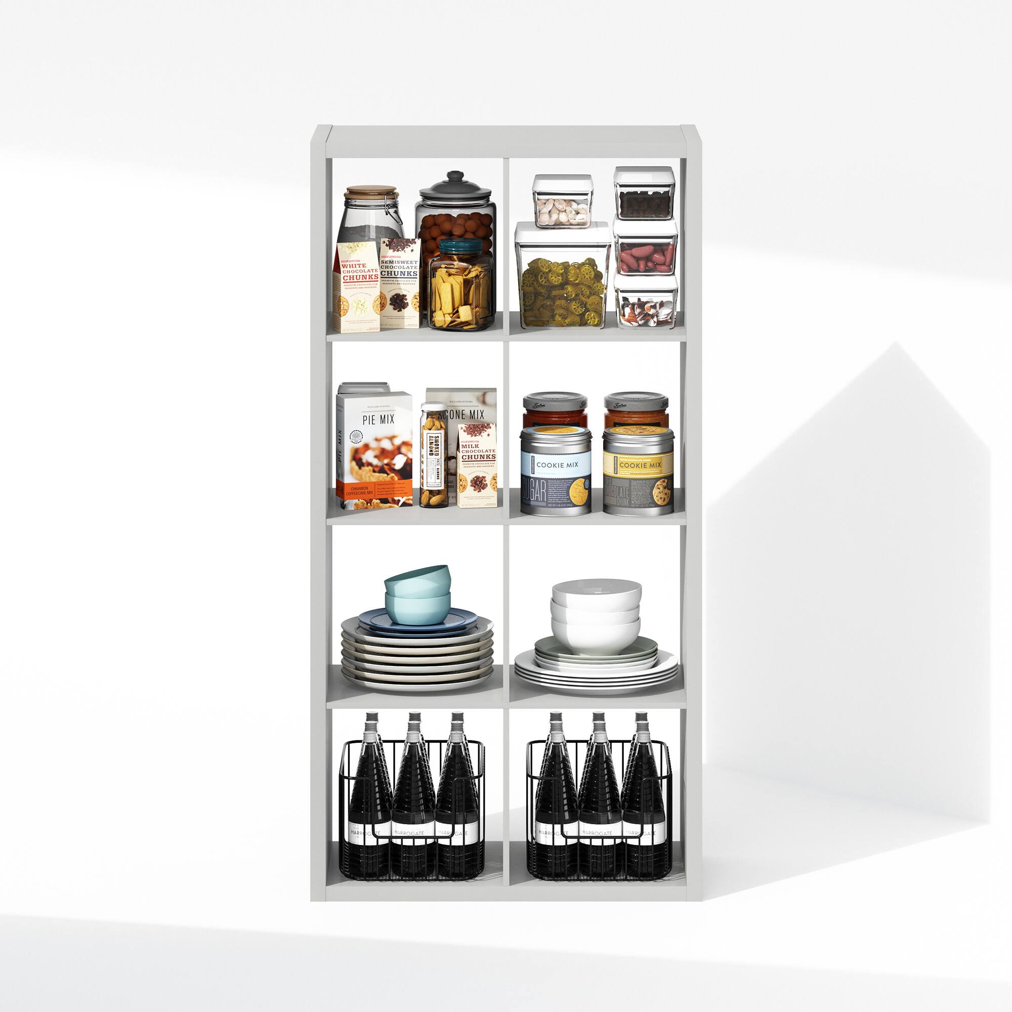 Sure, here is the corrected and grouped text:

**Top Shelf:**
- WHITE CHUCKS
- CHUCKS
- COOKIE MIX
- COOKIE MIX

**Second Shelf:**
- PIE MIX
- COOKIE MIX

**Third Shelf:**
- (No visible text)

**Fourth Shelf:**
- (No visible text)

**Bottom Shelf:**
- (No visible text)