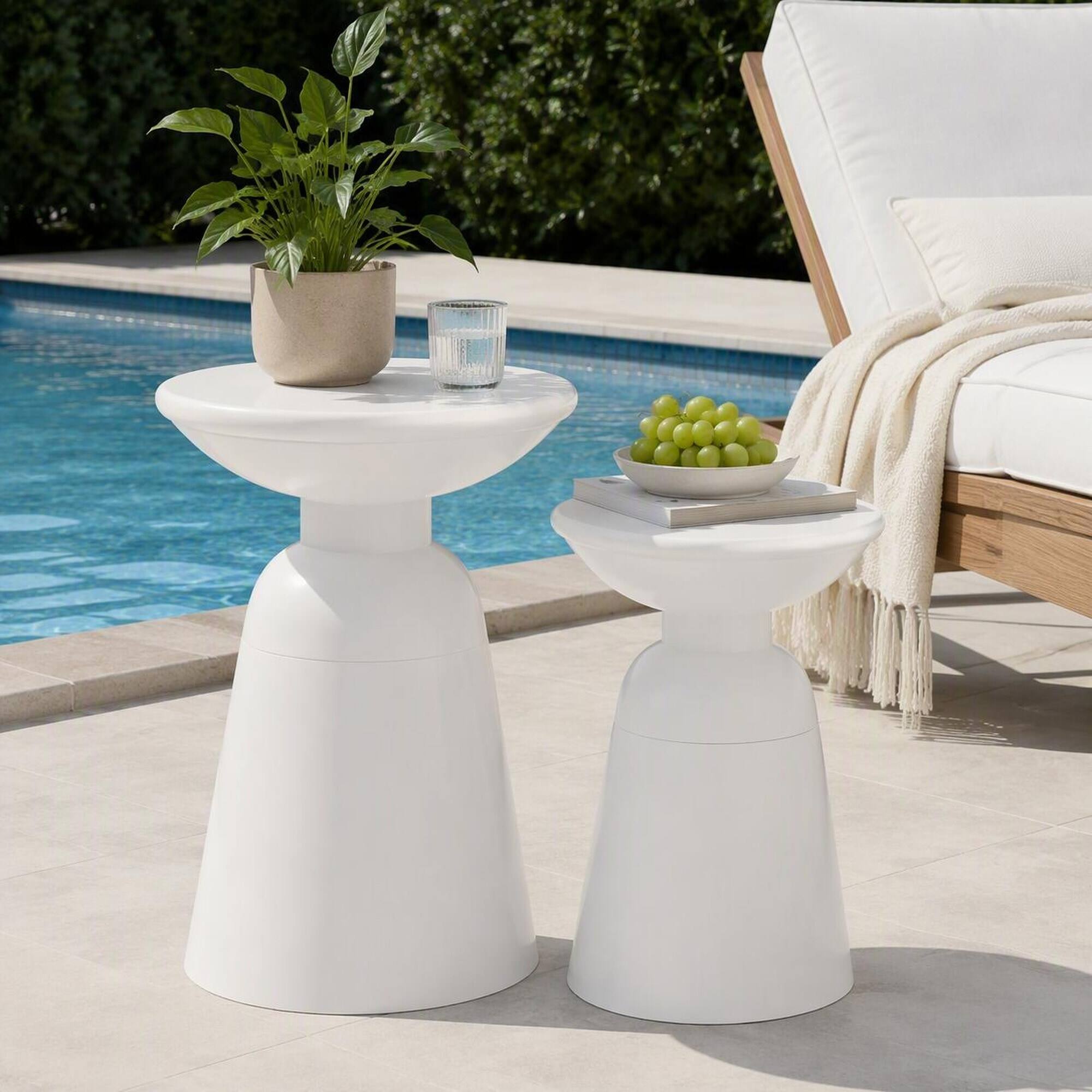 Alt View 1. RYHNUYNE - Outdoor Side Table Set of 2 White Powder-Coated Accent Tables with Flared Pedestal Base for Patio Garden Balcony - White.