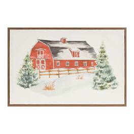 BreeBe - Framed Winter Barn Print 24"L - White, Red, Green