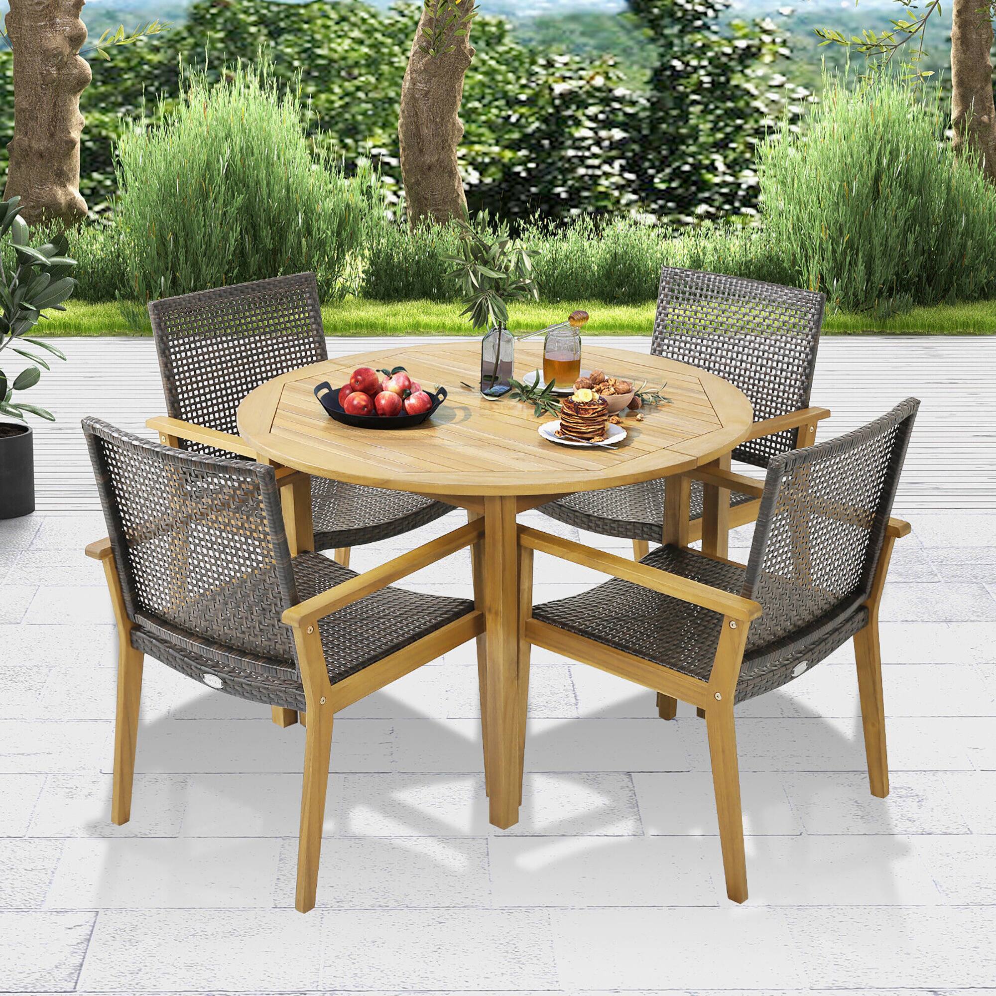 Alt View 1. Gymax - Gymax 5 PCS Patio Dining Set Round Acacia Wood Table 4 Wicker Armchairs Outdoor Garden - Natural, Mix Brown.