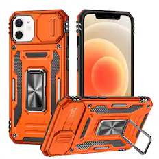 Front. Kitcheniva - Dual Layer Shockproof Sliding Lens Cover Magnetic Ring Stand Phone Case With Tempered Glass For iPhone 12/12 Pro Cosmic - Cosmic Orange.
