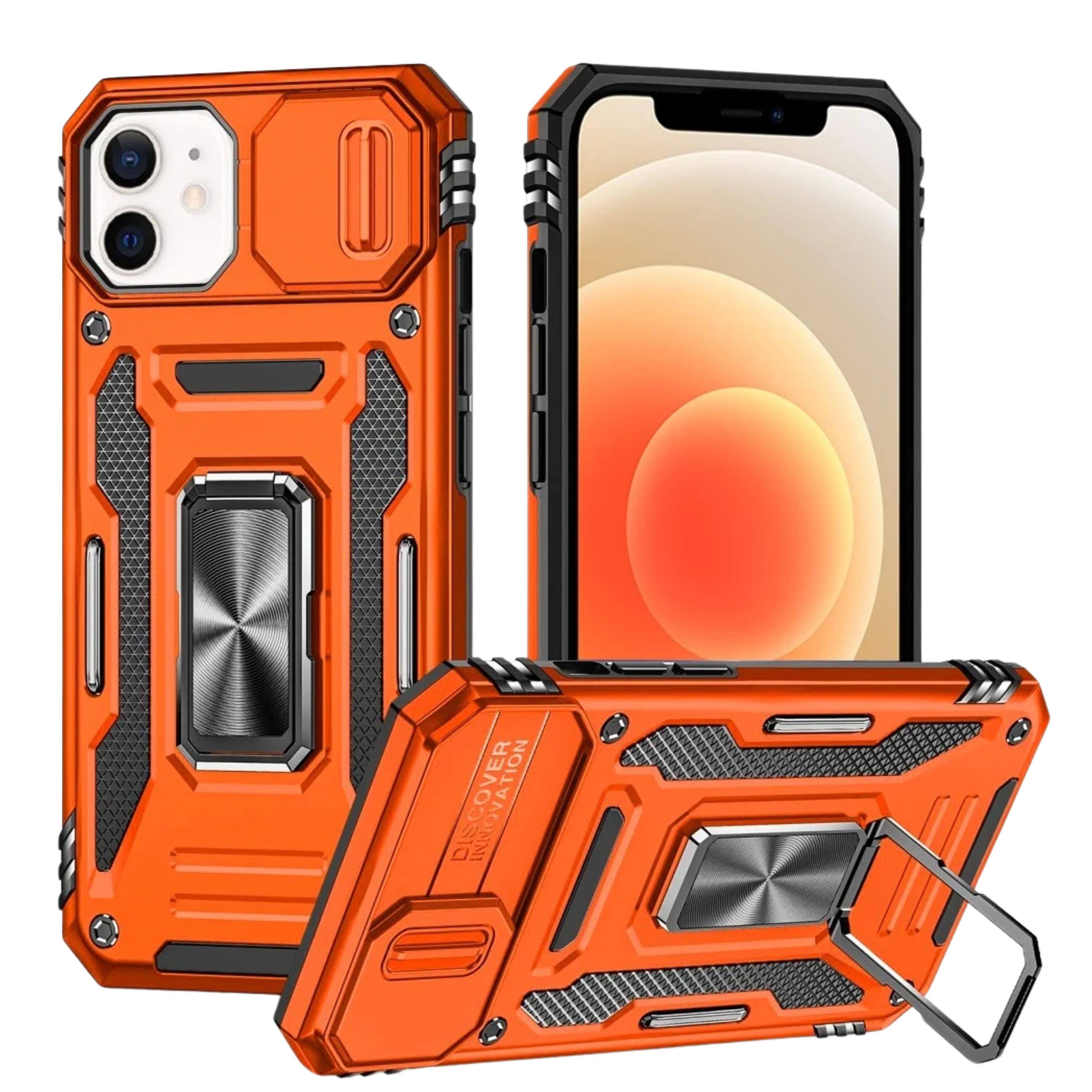 Front. Kitcheniva - Dual Layer Shockproof Sliding Lens Cover Magnetic Ring Stand Phone Case With Tempered Glass For iPhone 12/12 Pro Cosmic - Cosmic Orange.