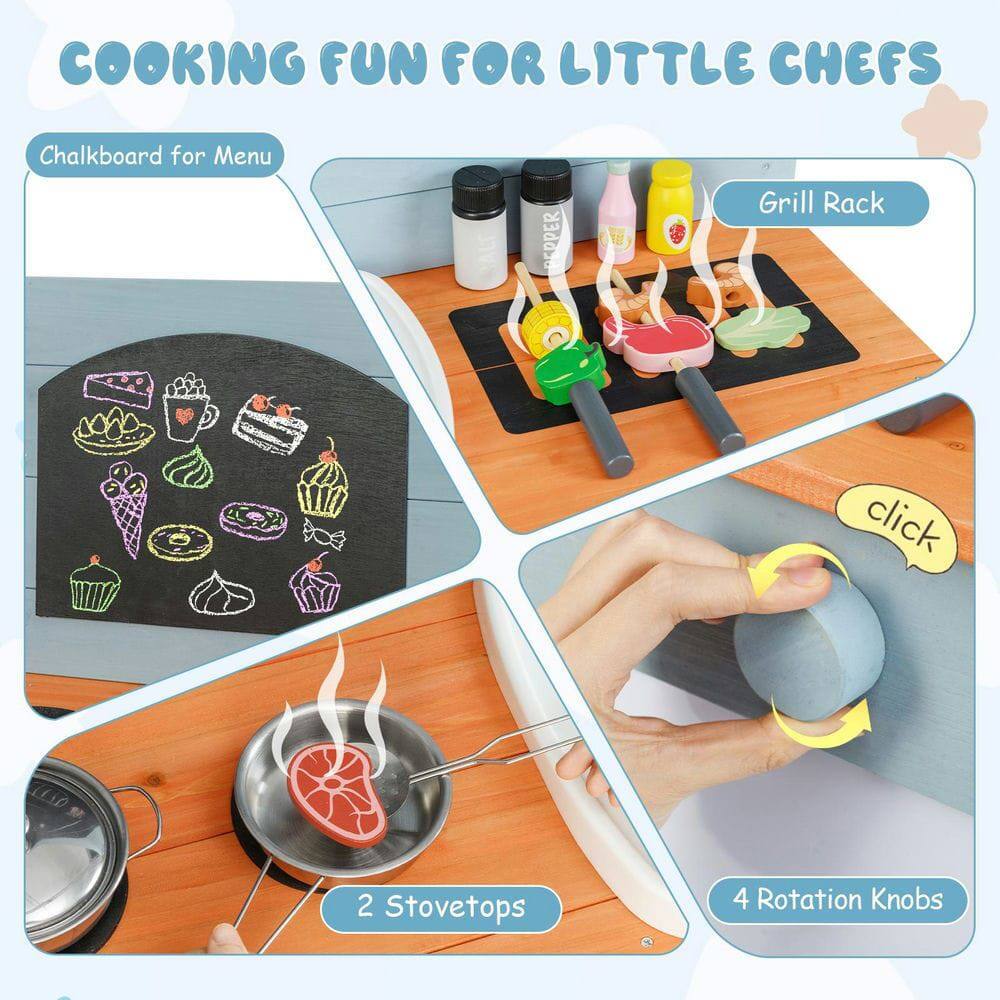 COOKING FUN FOR LITTLE CHEFS

- Chalkboard for Menu
- Grill Rack
- 2 Stovetops
- 4 Rotation Knobs