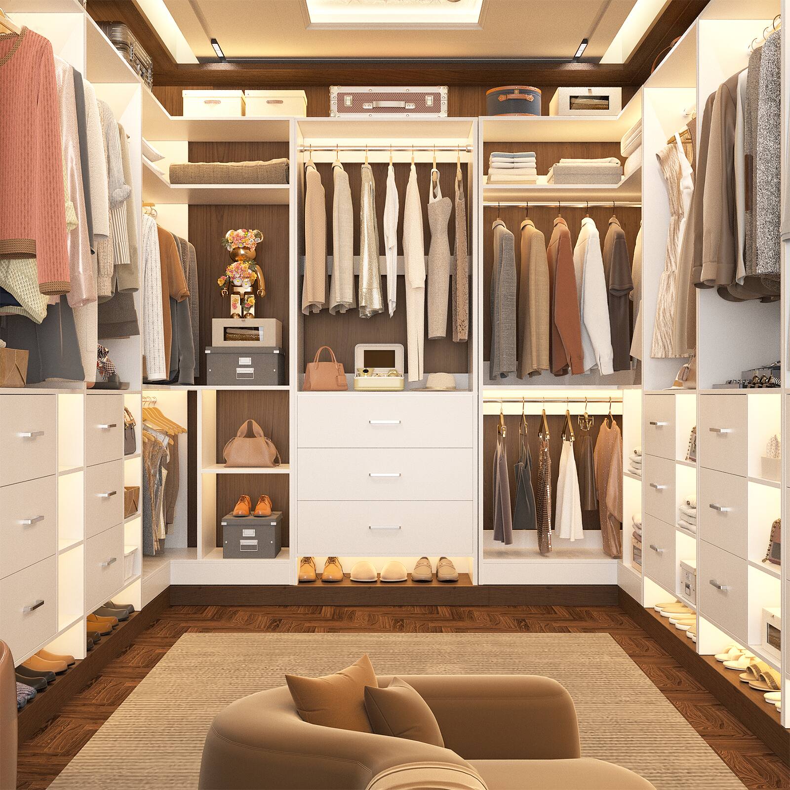 Back. Aheaplus - 88.8'' With U-Shaped Closet System, Walk-in Wardrobe System with 3 Drawers and 5 Hanging Rods, Set of 3 - White.