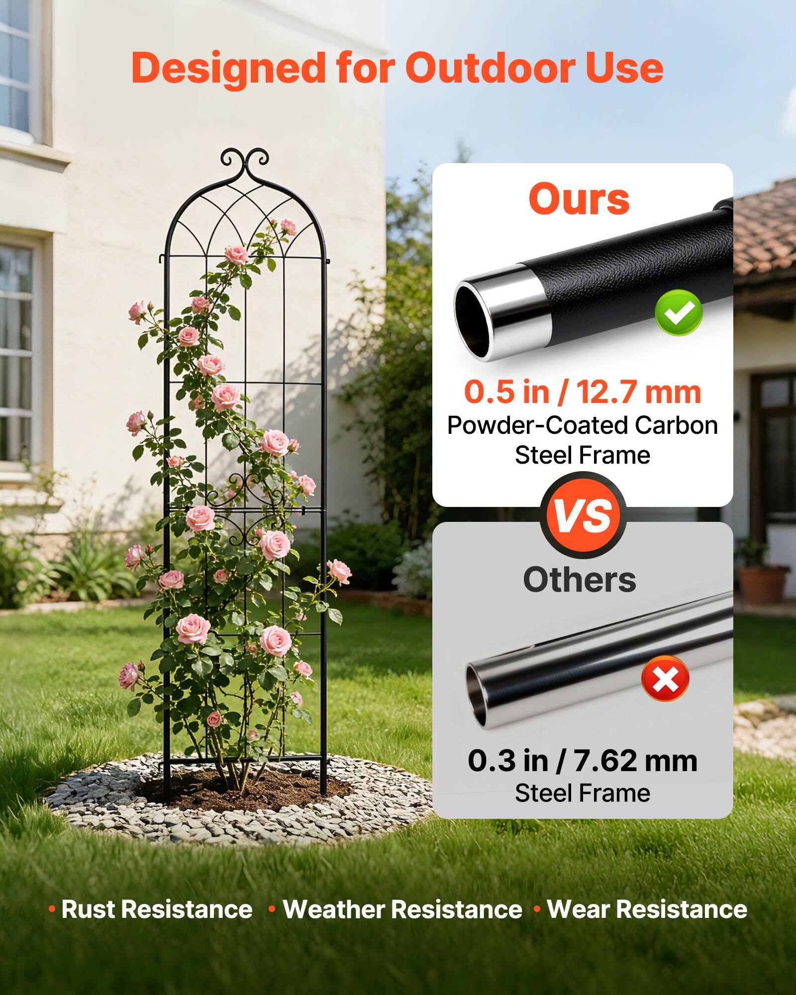 Designed for Outdoor Use

Ours
0.5 in / 12.7 mm Powder-Coated Carbon Steel Frame

VS

Others
0.3 in / 7.62 mm Steel Frame

Rust Resistance • Weather Resistance • Wear Resistance