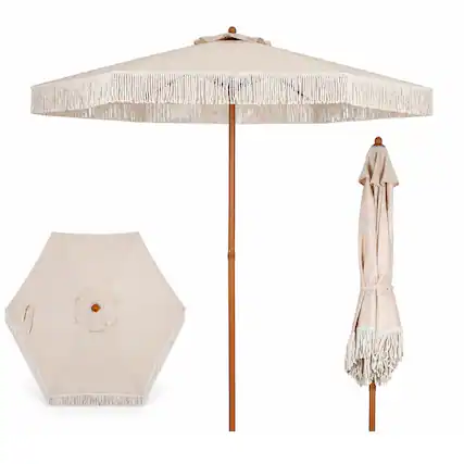Front. Costway - Costway 7 FT Patio Umbrella with Fringe, Tassel Umbrella with Sun-Protective Polyester Canopy - Beige.