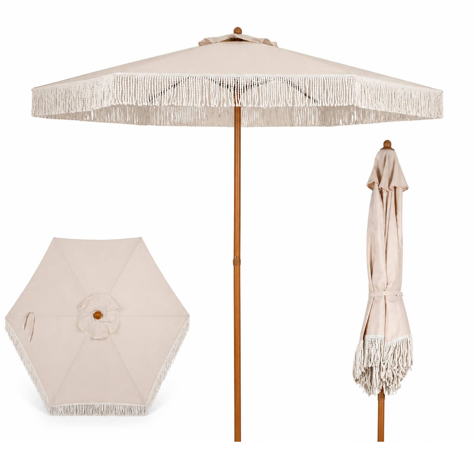 Front. Costway - Costway 7 FT Patio Umbrella with Fringe, Tassel Umbrella with Sun-Protective Polyester Canopy - Beige.