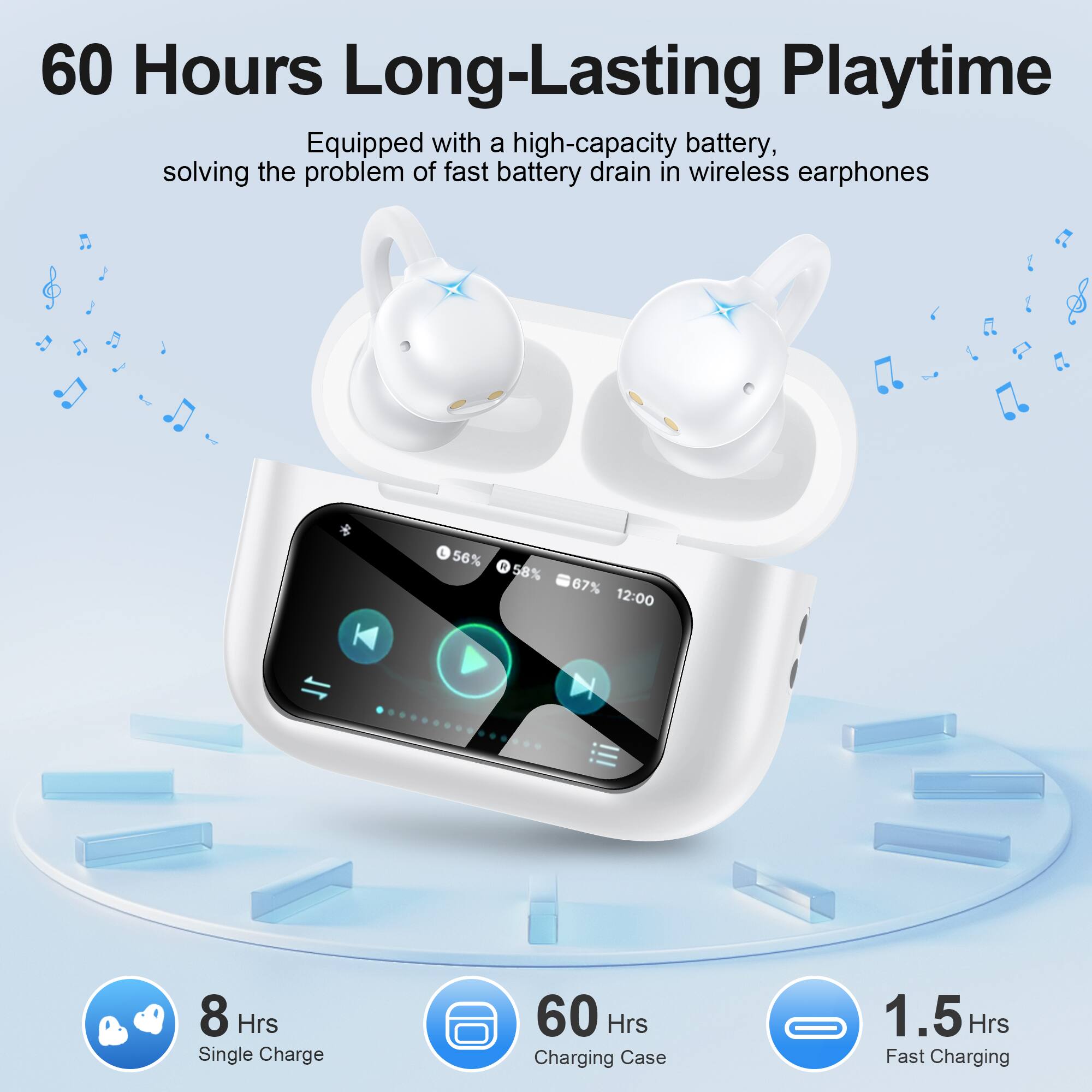 60 Hours Long-Lasting Playtime  
Equipped with a high-capacity battery, solving the problem of fast battery drain in wireless earphones.  

8 Hrs Single Charge  
60 Hrs Charging Case  
1.5 Hrs Fast Charging