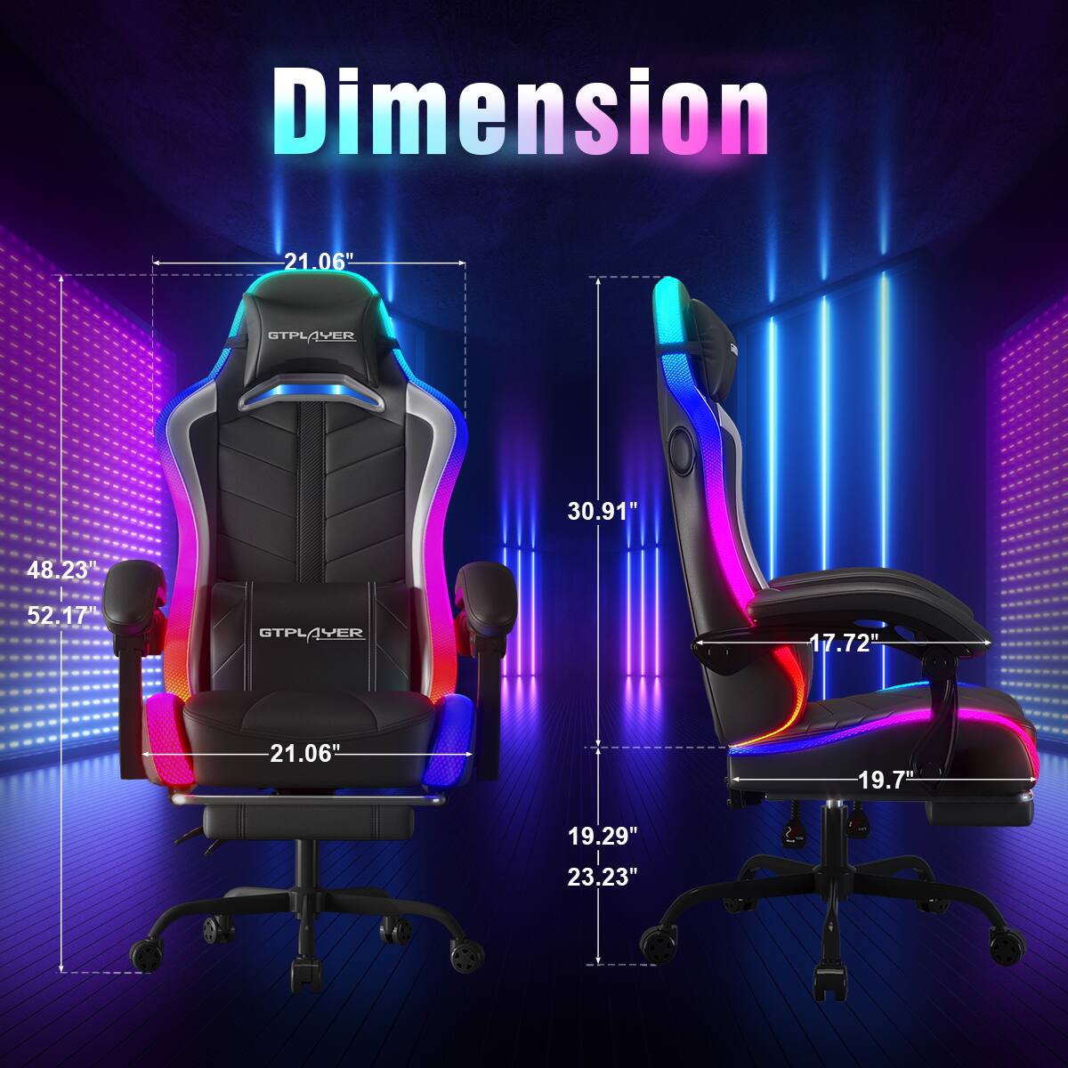 Sure, here is the corrected and grouped text from the image:

**Dimension**

- Width: 21.06"
- Depth: 30.91"
- Height: 48.23"
- Seat Height: 21.06"
- Armrest Height: 52.17"
- Back Height: 17.72"
- Seat Depth: 19.7"
- Base Width: 19.29"
- Base Depth: 23.23"