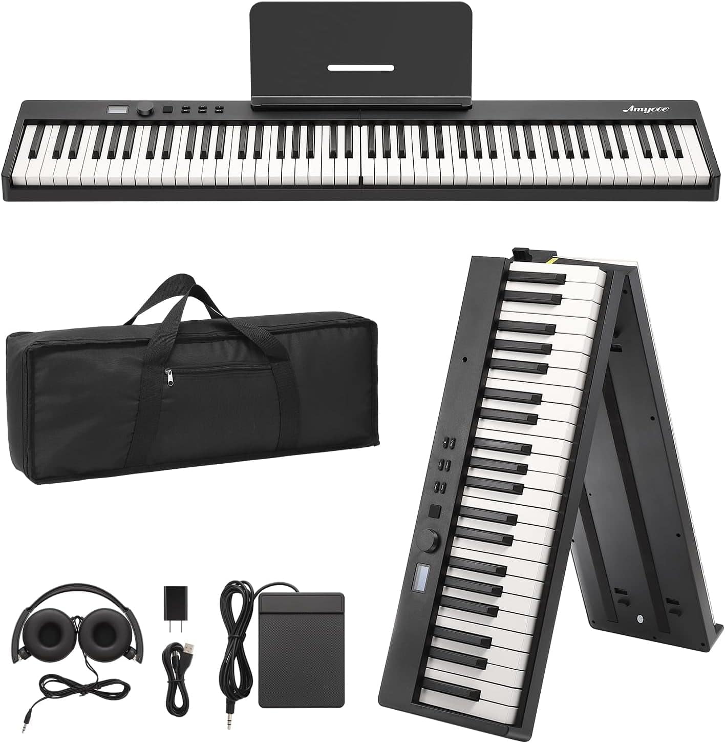 Homhougo - 88-Key Foldable Electric Keyboard with Power Adapter, Headphones & Carrying Bag - Black