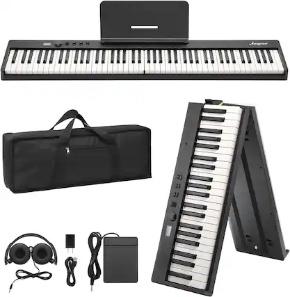 Front. Homhougo - 88-Key Foldable Electric Keyboard with Power Adapter, Headphones & Carrying Bag - Black.