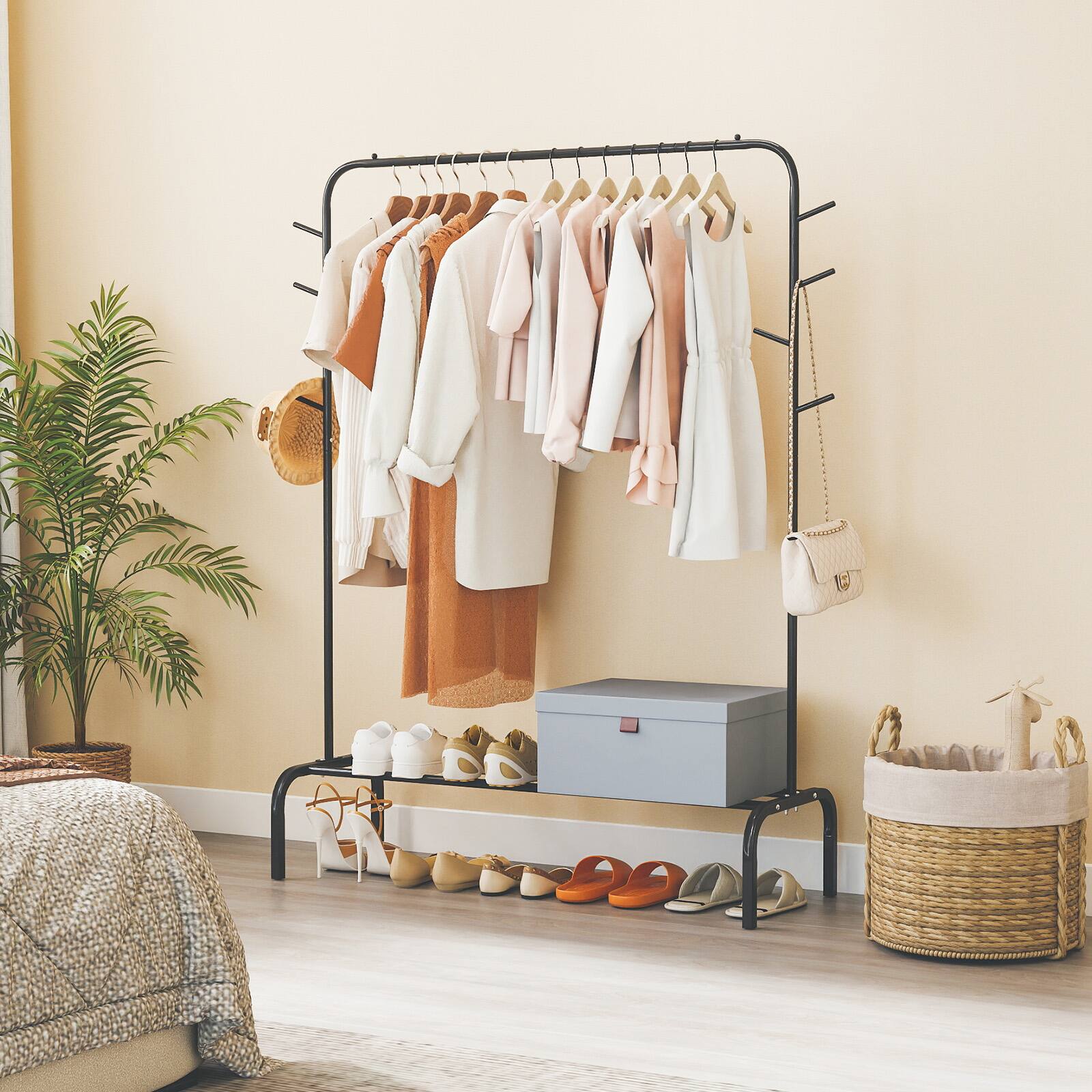 Alt View 1. Gymax - Gymax 50-Inch Wide Metal Garment Wardrobe Rack w/8 Hooks & Storage Shelf for Laundry - Black.