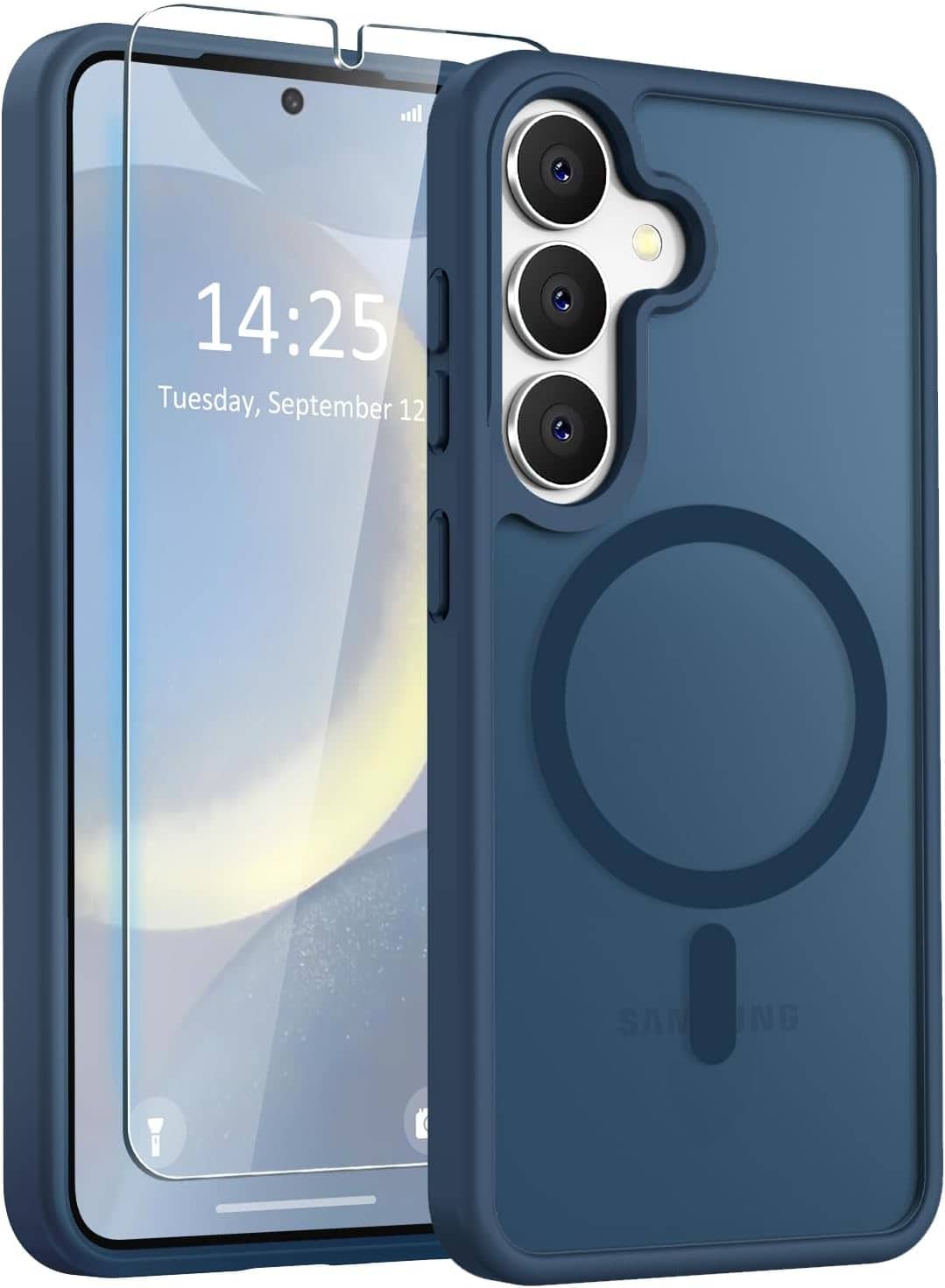 Entronix - Galaxy S25 Bundle: Magnetic Translucent Matte Case with Clear Screen Protector - Navy Blue