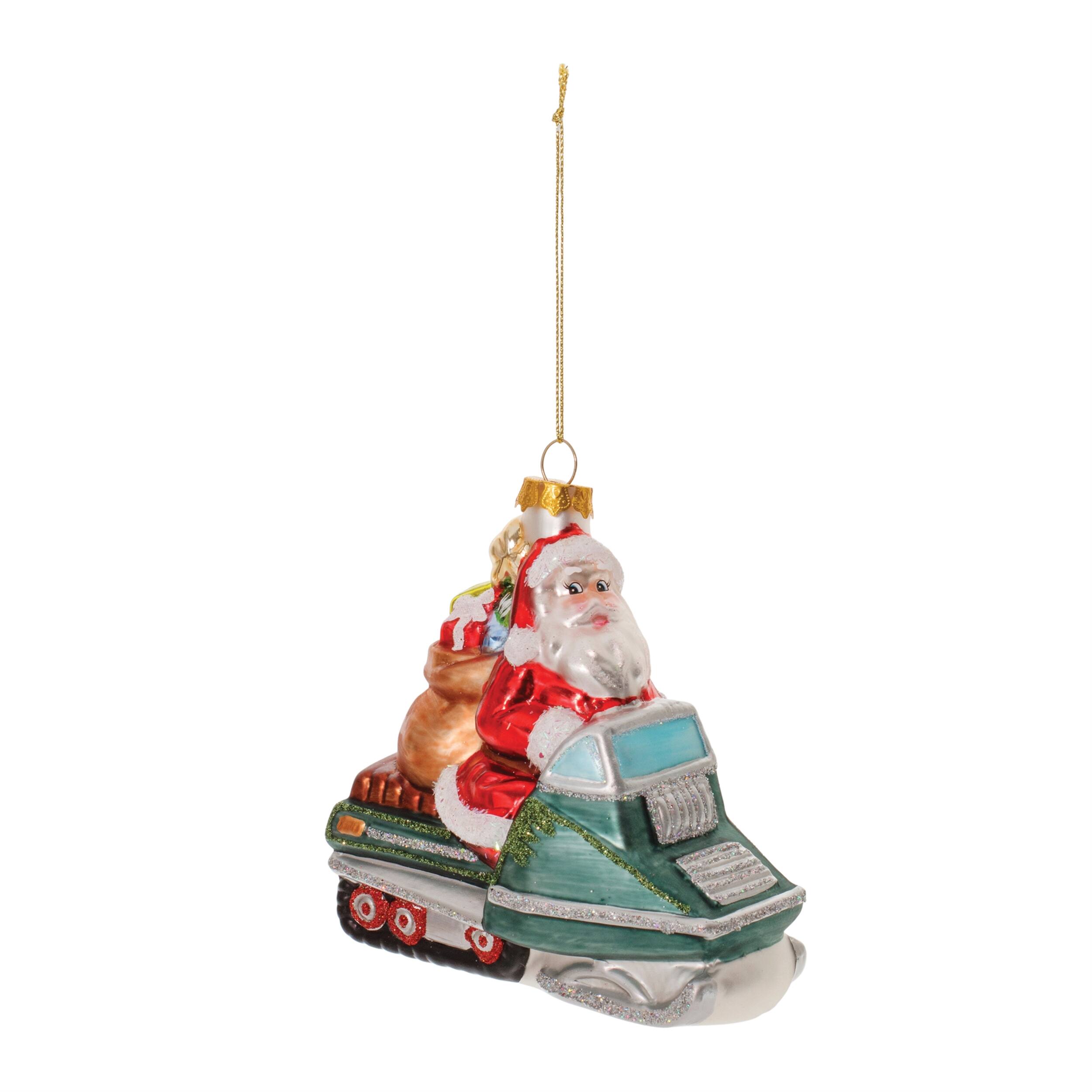 Angle. BreeBe - Glass Snowmobile Santa Ornament (Set of 6) - Red, Blue.
