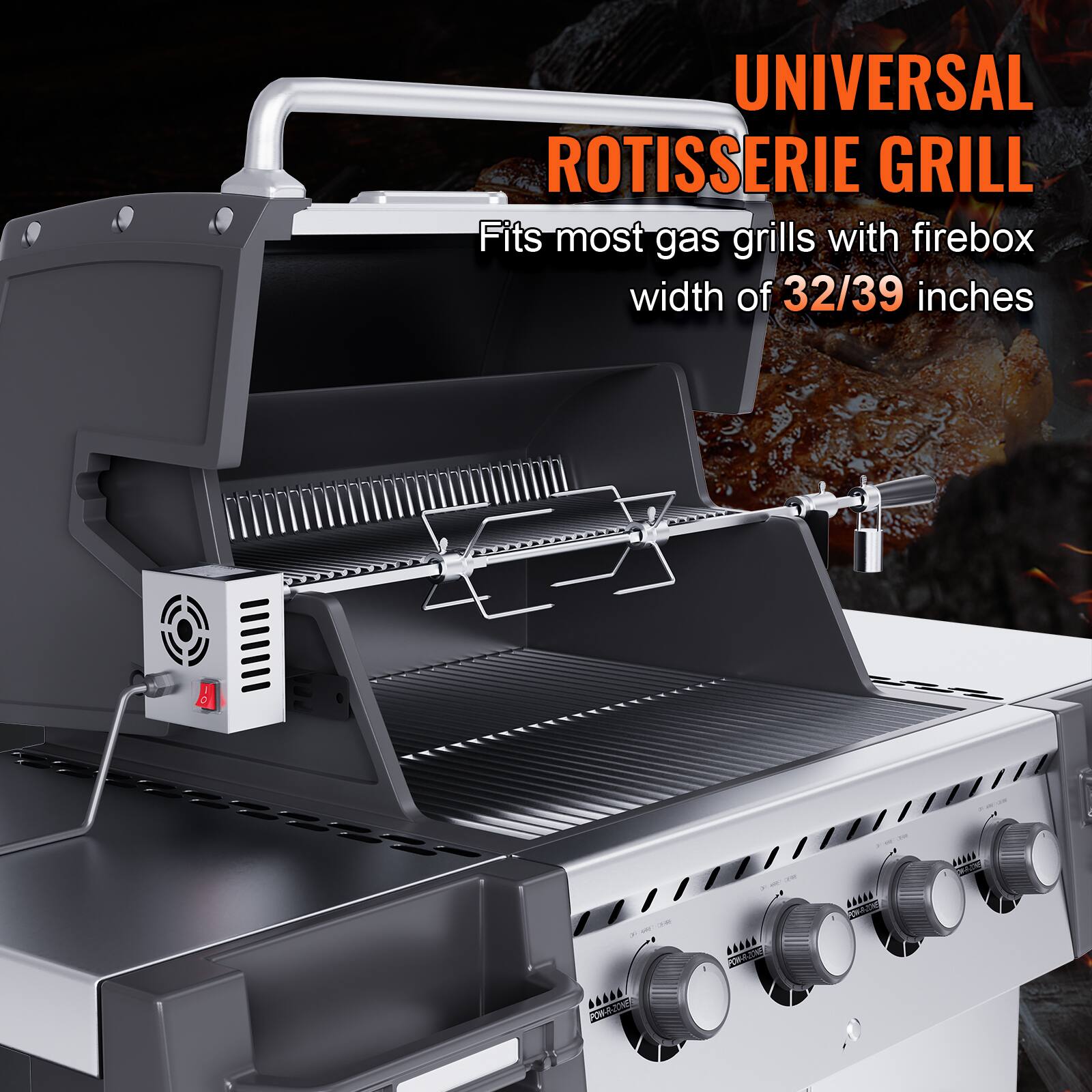 UNIVERSAL ROTISSERIE GRILL
Fits most gas grills with firebox width of 32/39 inches
