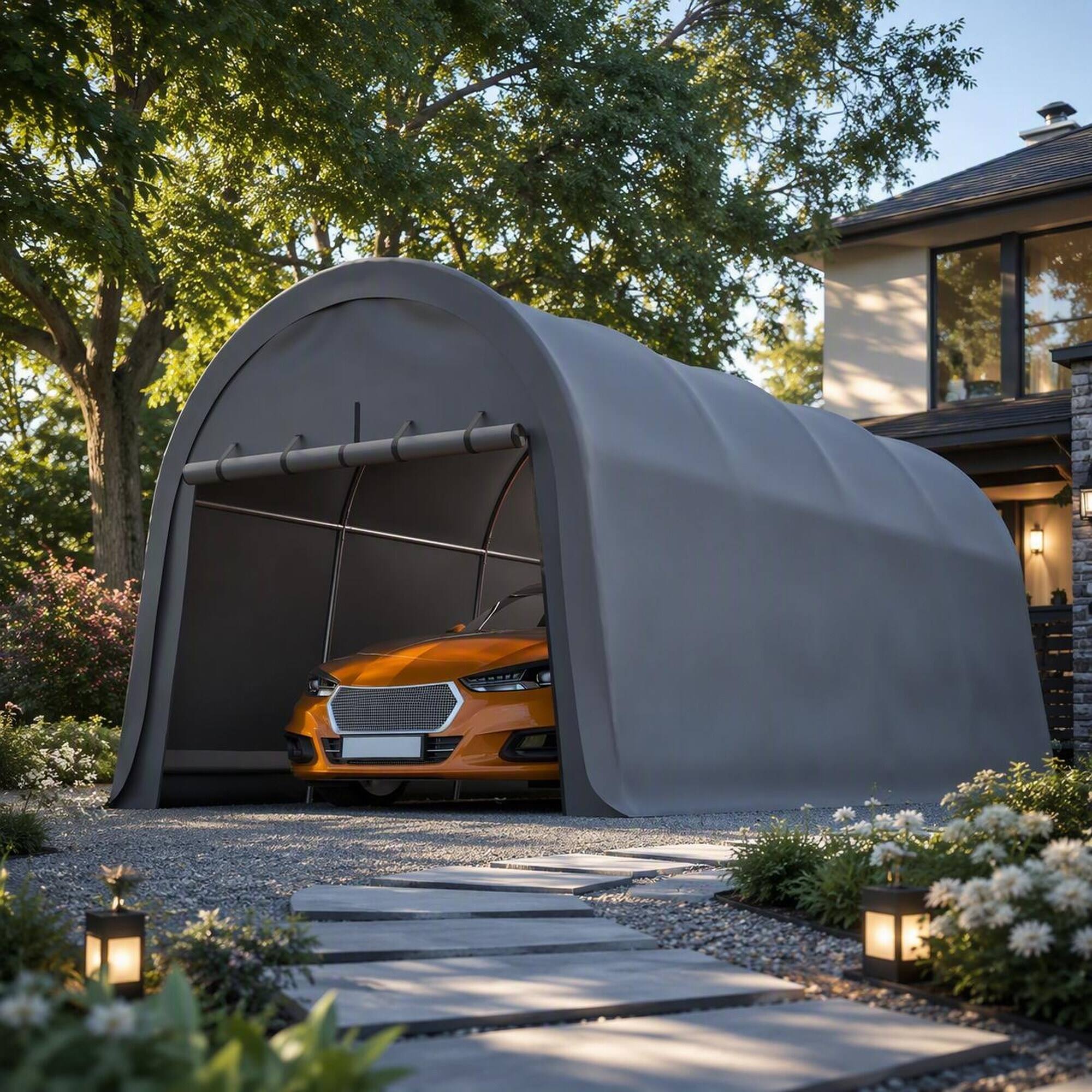 Left. RYHNUYNE - Anti-Snow 10x20 FT Carport Steel Frame Vented Roof Double-Zipper Door Shelter RV - Grey.