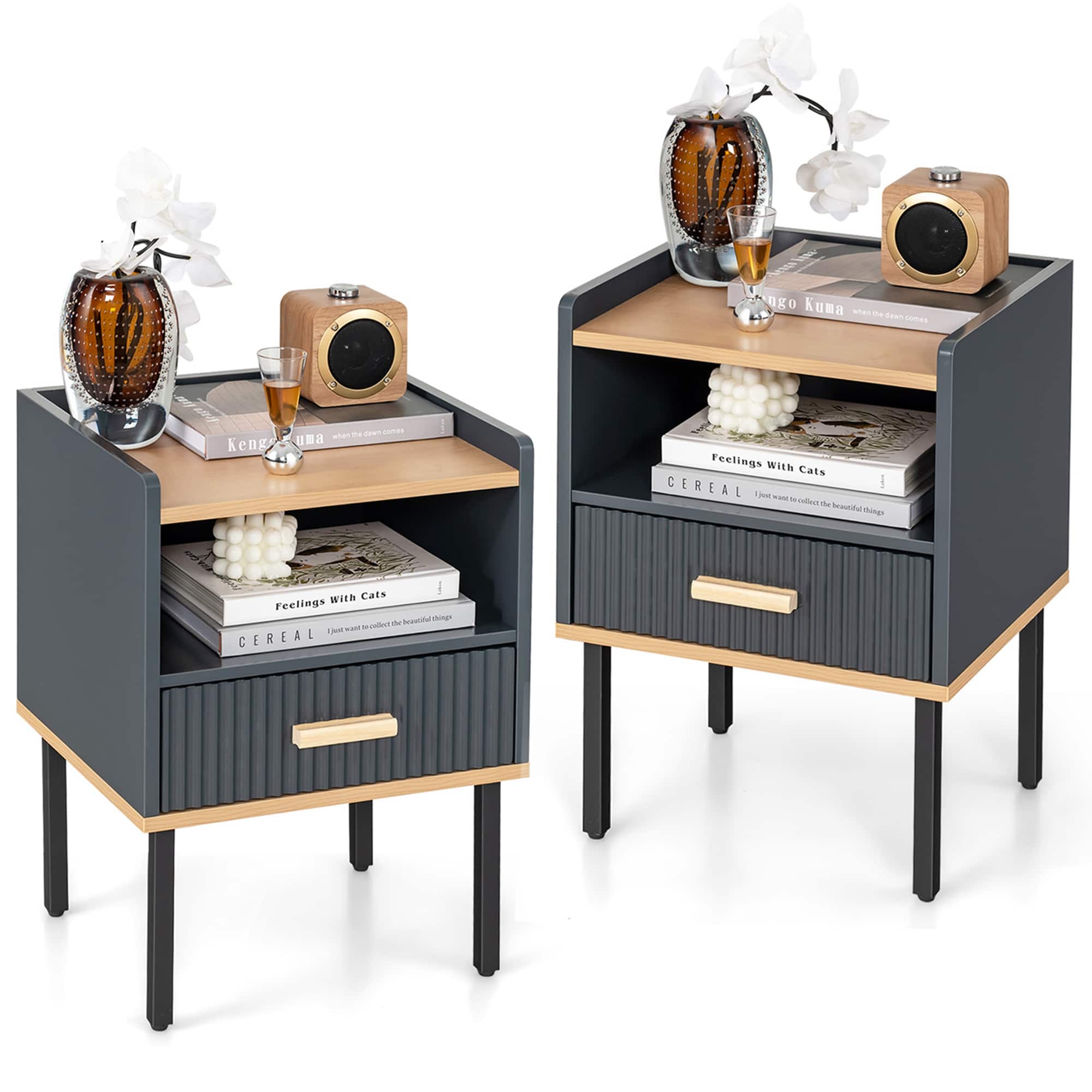 Costway - 2 PCS Nightstand Side End Table with Drawer & Open Shelf for Living Room Bedroom - Gray