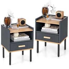 Costway - 2 PCS Nightstand Side End Table with Drawer & Open Shelf for Living Room Bedroom - Gray