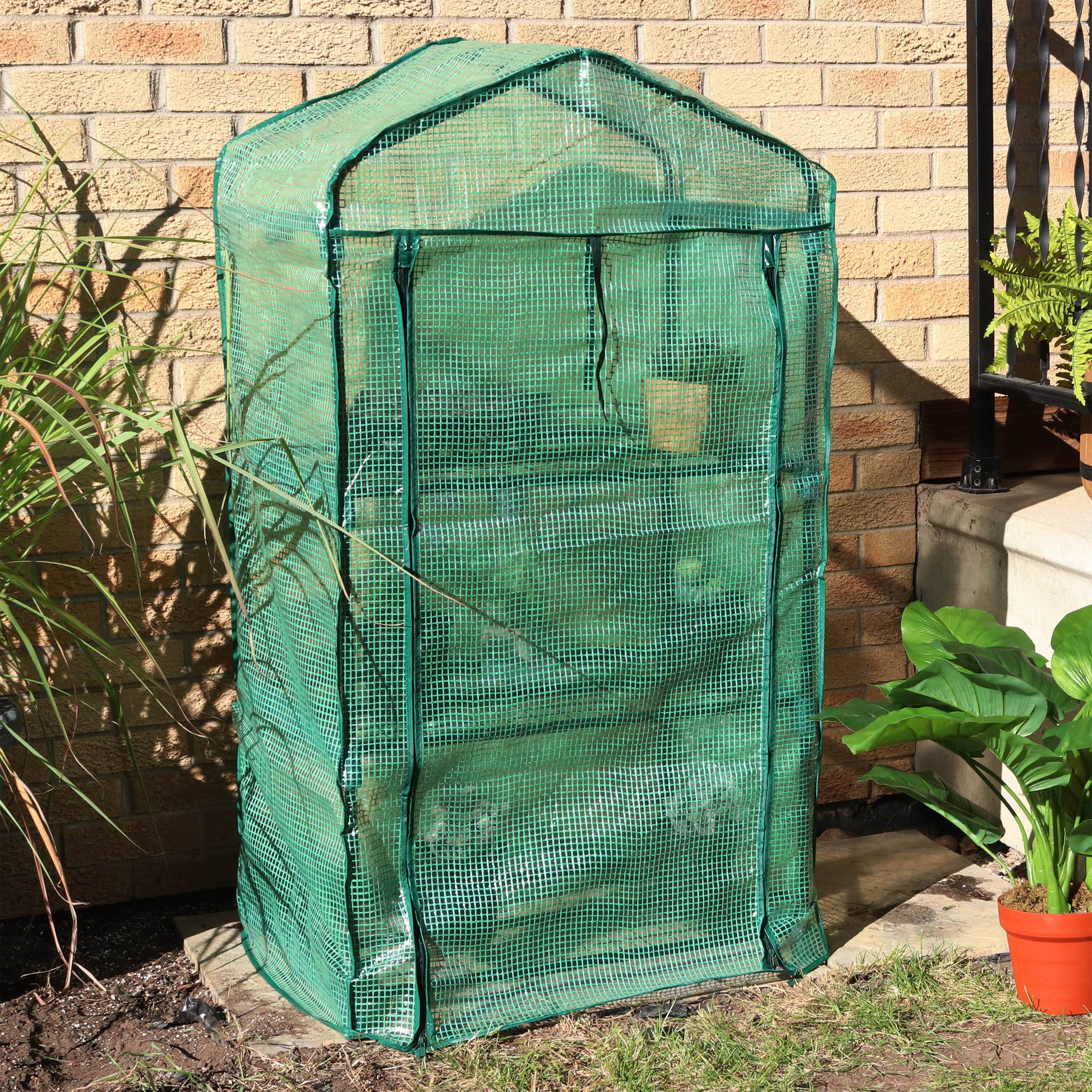 Alt View 4. Sunnydaze - Iron PVC Cover Mini Greenhouse with 3 Shelves/Zipper - Green.