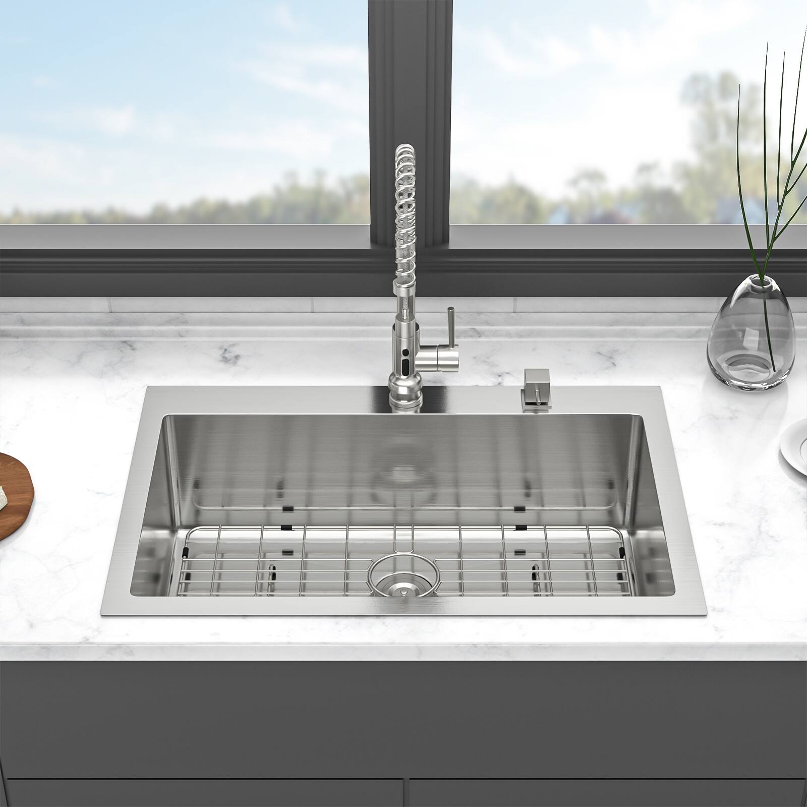 Left. Siljoy - 33 x 22 x 10 inch Kitchen Sink Drop-In 16 Gauge Stainless Steel Single Bowl Topmount Kitchen Sink - Brushed Nickel.