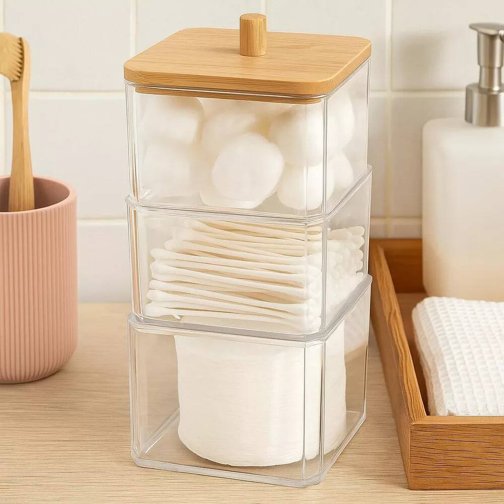 Angle. Elle - Cotton Swab & Ball Holder with Bamboo Lid, 3 Tier Nonslip Acrylic Q-tip Dispenser & Jewelry Storage, Vanity Essentials - Clear/Natural Bamboo.