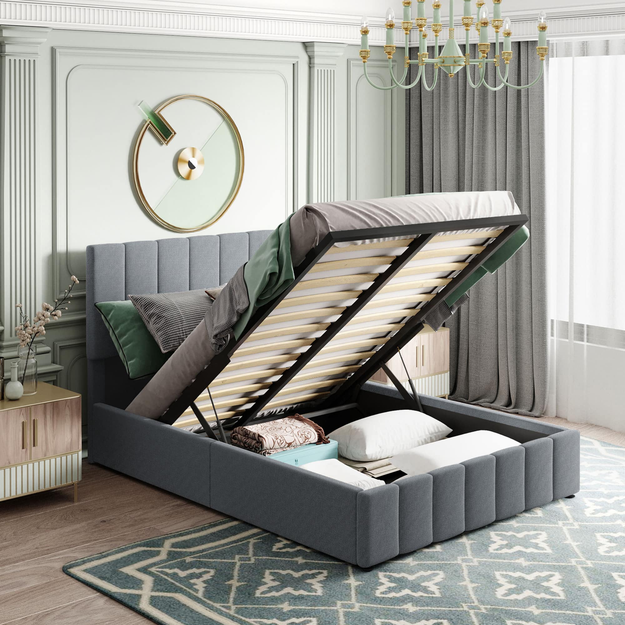 GOODSILO - Full Size Upholstered Platform Bed with Hydraulic Storage System and Wooden Slat Support - Gray