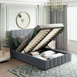 GOODSILO - Full Size Upholstered Platform Bed with Hydraulic Storage System and Wooden Slat Support - Gray