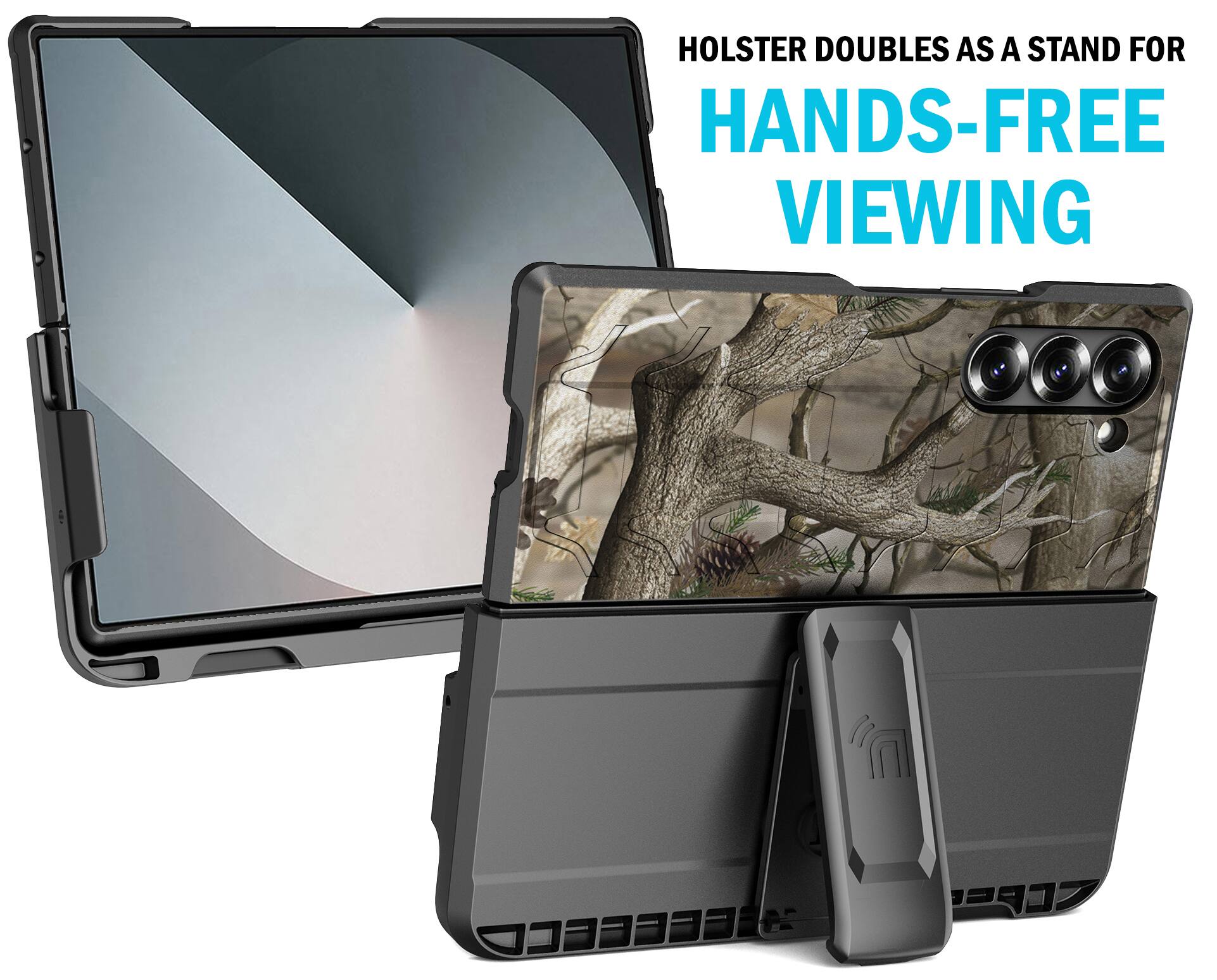 Holster doubles as a stand for hands-free viewing