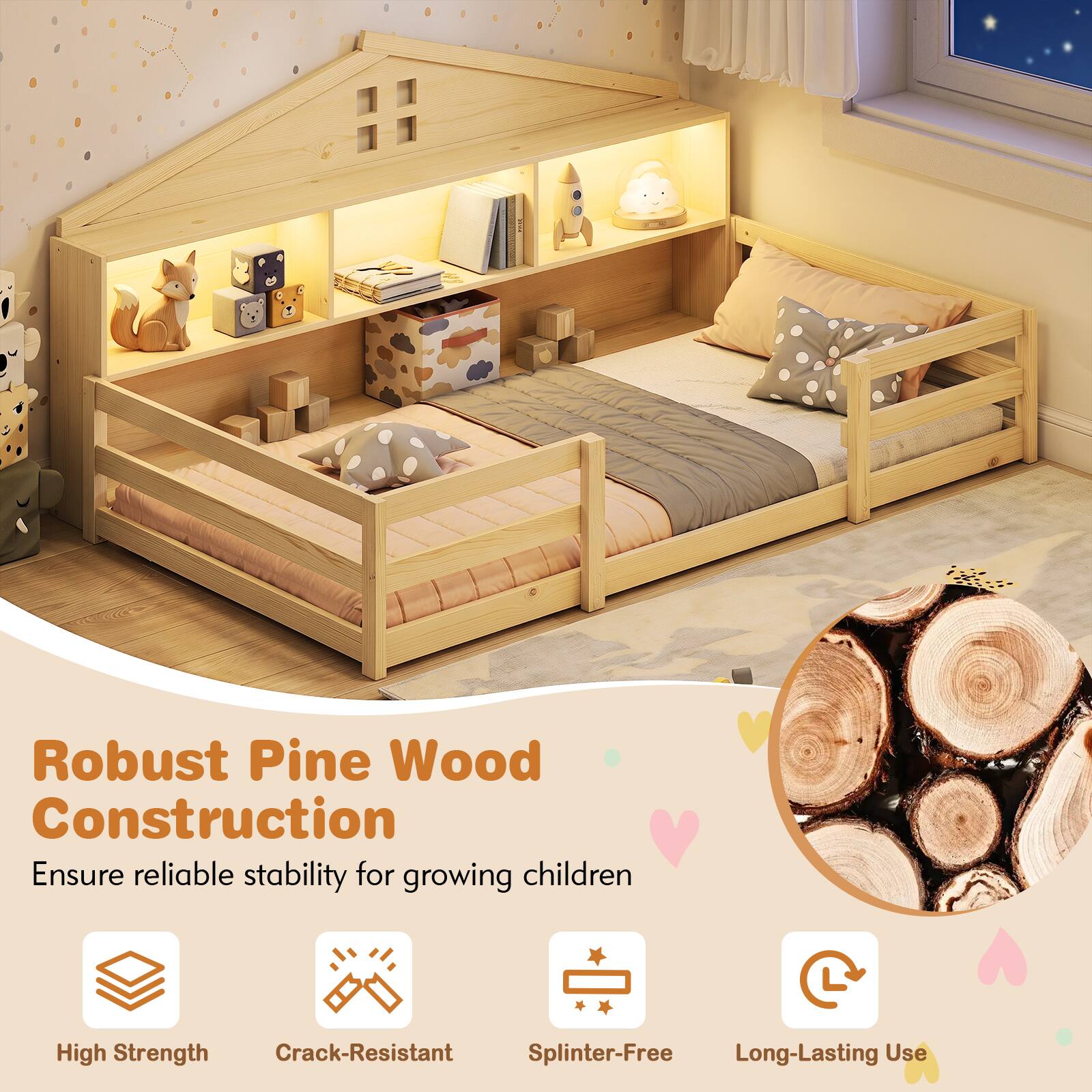 Robust Pine Wood Construction  
Ensure reliable stability for growing children  

High Strength  
Crack-Resistant  
Splinter-Free  
Long-Lasting Use