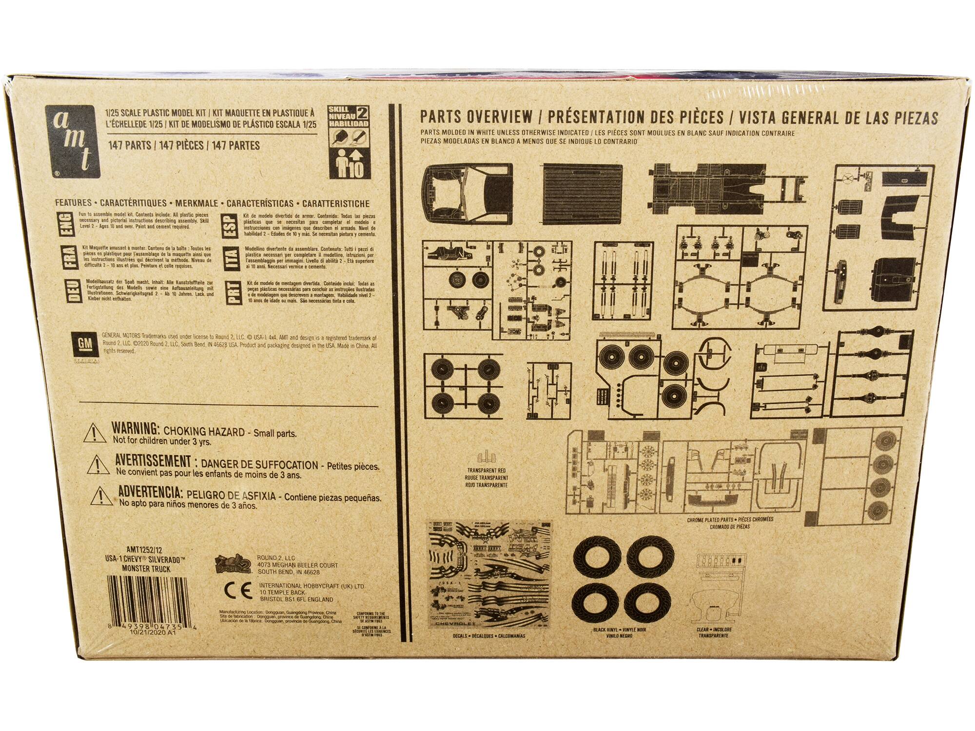 Sure, here is the corrected and grouped text from the image:

---

**a m t**

**1/25 SCALE PLASTIC MODEL KIT / KIT MAQUETTE EN PLASTIQUE À L'ÉCHELLE 1/25 / KIT DE MODELISMO DE PLÁSTICO ESCALA 1/25**

**147 PARTS / 147 PIECES / 147 PARTES**

**SKILL LEVEL 2 / NIVEL DE HABILIDAD 2**

**FEATURES / CARACTERISTIQUES / MERKMALE / CARACTERÍSTICAS / CARATTERISTICHE**

- For assembly of model kit. Contents include: all plastic pieces necessary and detailed instructions describing assembly. / Pour l'assemblage du modèle. Le contenu comprend: toutes les pièces en plastique nécessaires et des instructions détaillées pour l'assemblage. / El contenido incluye: todas las piezas de plástico necesarias y las instrucciones detalladas para el montaje. / Il contenuto include: tutte le parti in plastica necessarie e le istruzioni dettagliate per l'assemblaggio