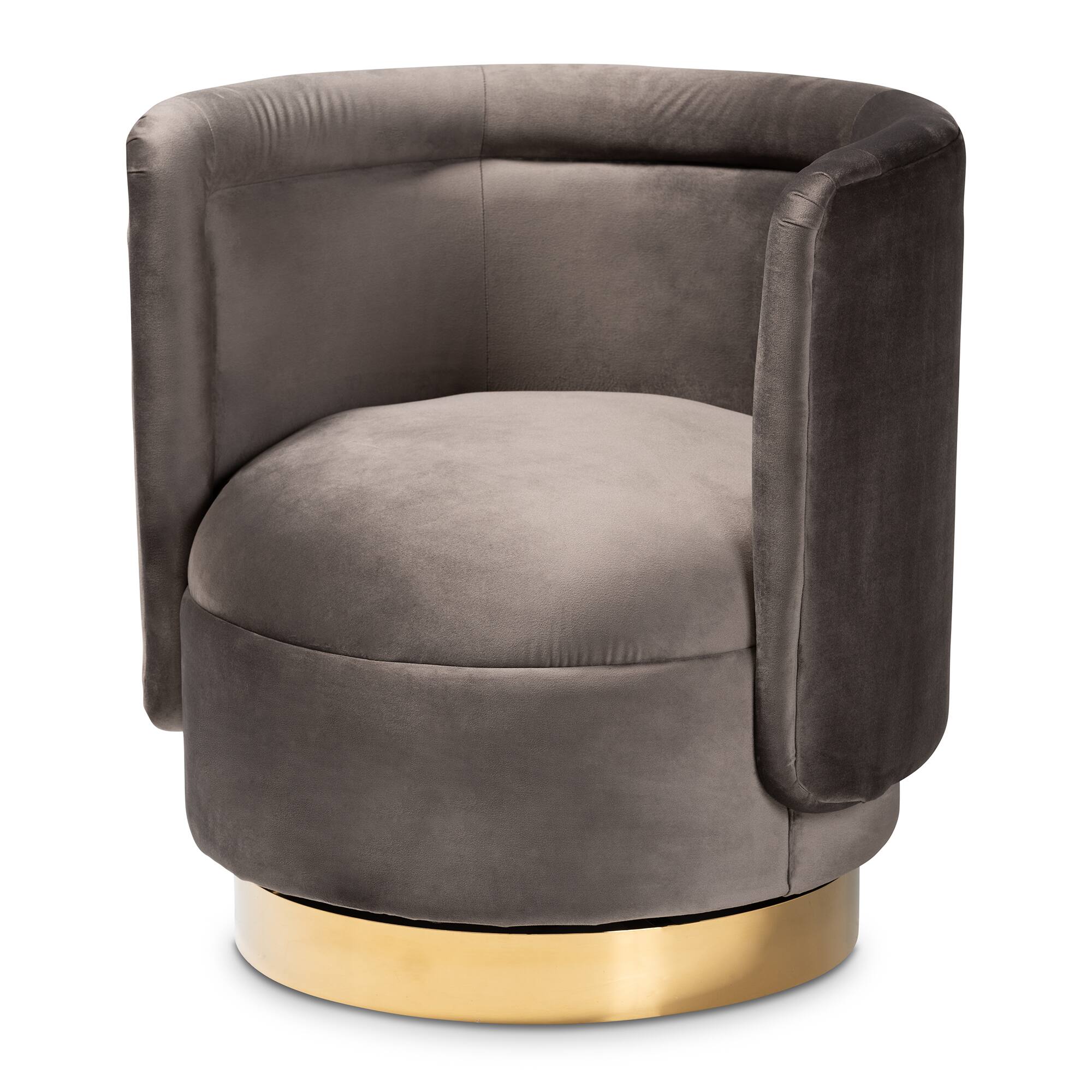 Baxton Studio - Saffi Glam and Luxe Velvet Fabric Upholstered Gold Finished Swivel Accent Chair - Grey/Gold