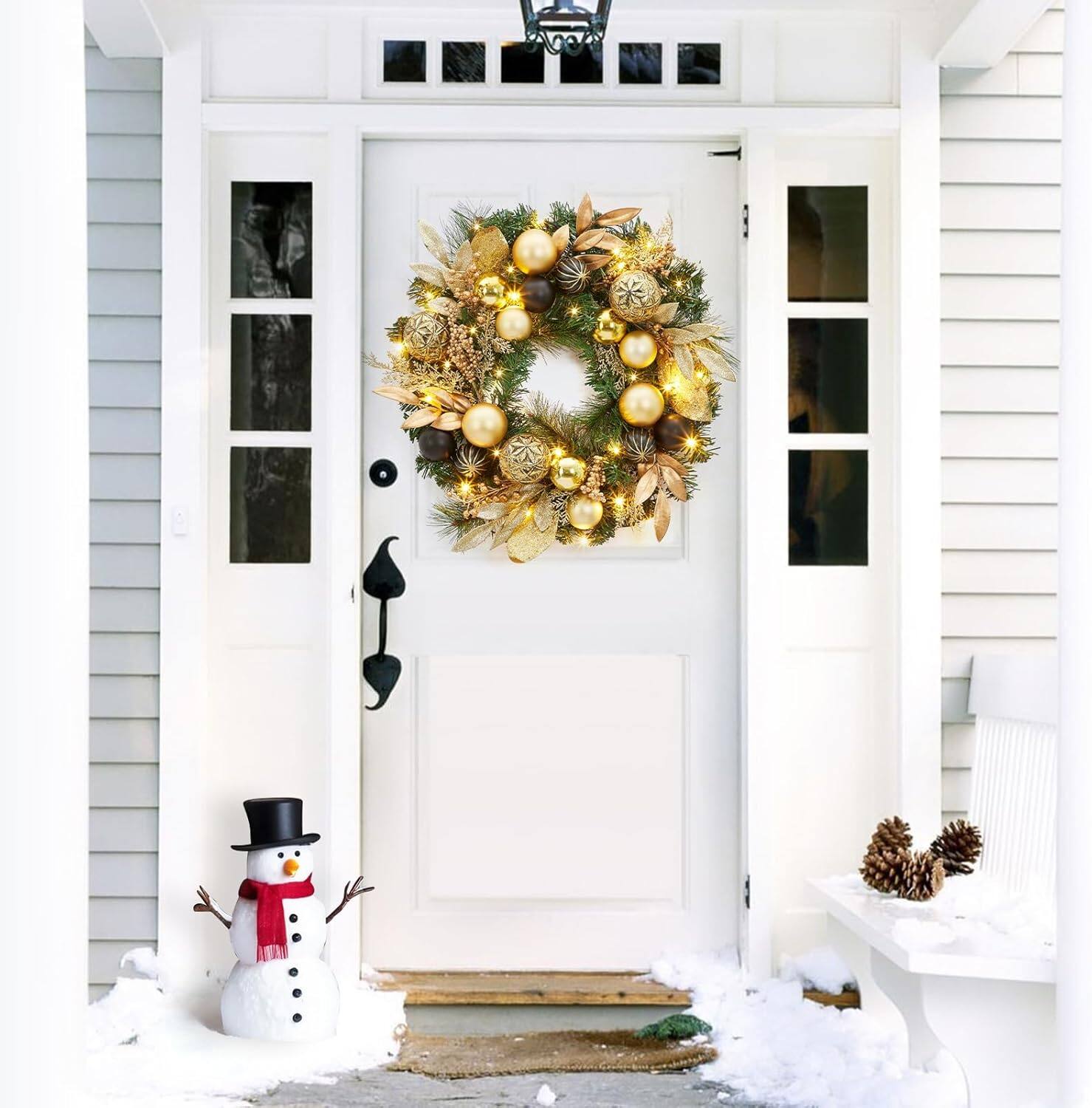 Alt View 4. GARVEE - 22" Pre-Lit Christmas Wreath for Front Door, Battery Operated Xmas Wreath, Gold Leaves, Berries & Ball Ornaments - Green.