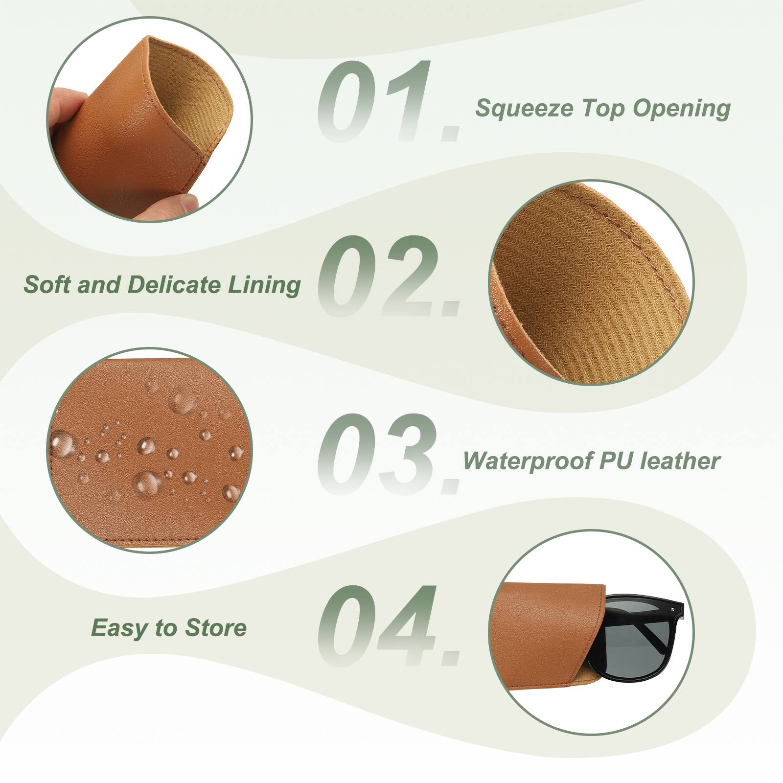 01. Squeeze Top Opening  
02. Soft and Delicate Lining  
03. Waterproof PU leather  
04. Easy to Store