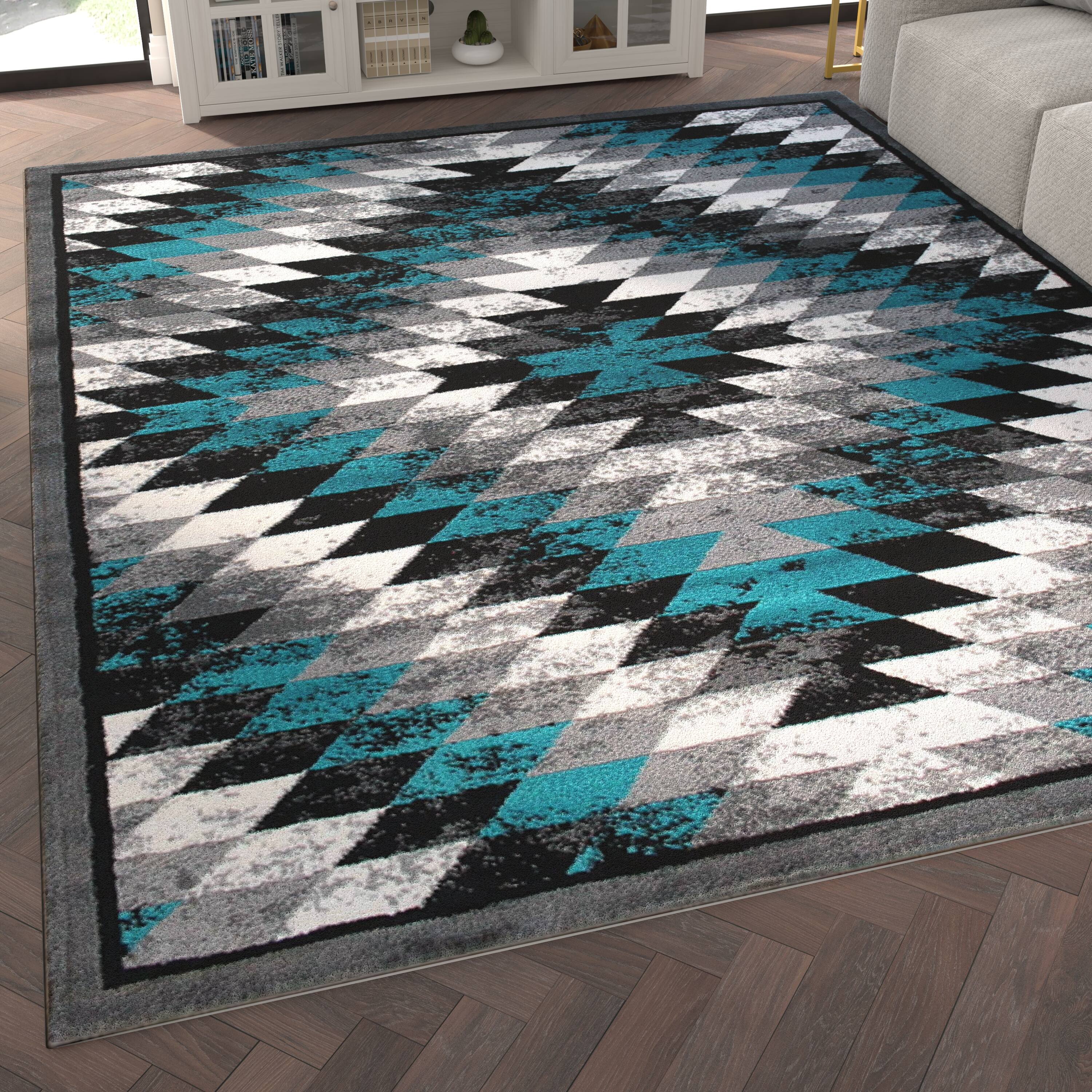 Alt View 2. Emma + Oliver - Tucson Distressed Southwestern Diamond Motif Plush Pile Olefin Accent Rug - Jute Backing - Turquoise.