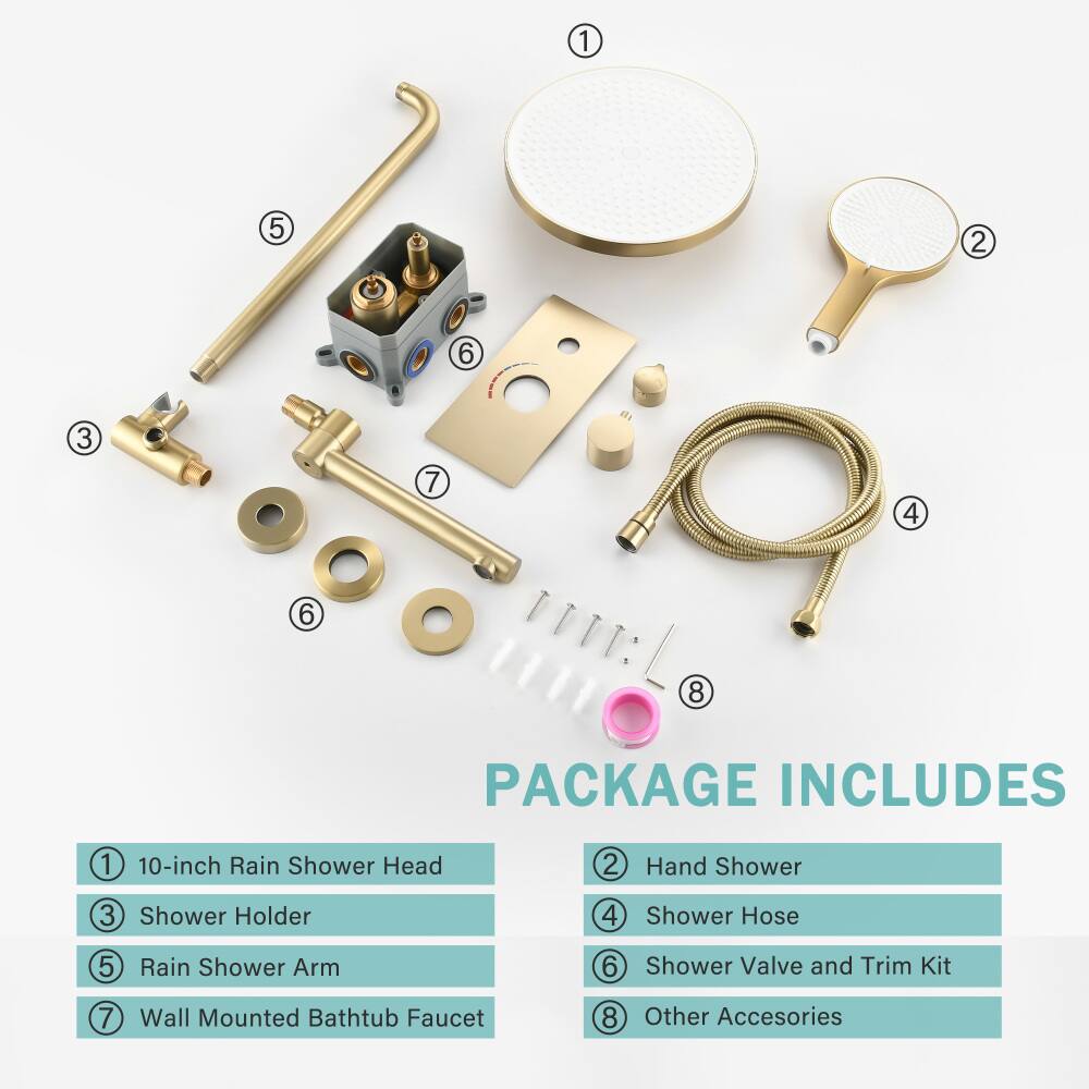 1. 10-inch Rain Shower Head  
2. Hand Shower  
3. Shower Holder  
4. Shower Hose  
5. Rain Shower Arm  
6. Shower Valve and Trim Kit  
7. Wall Mounted Bathtub Faucet  
8. Other Accessories