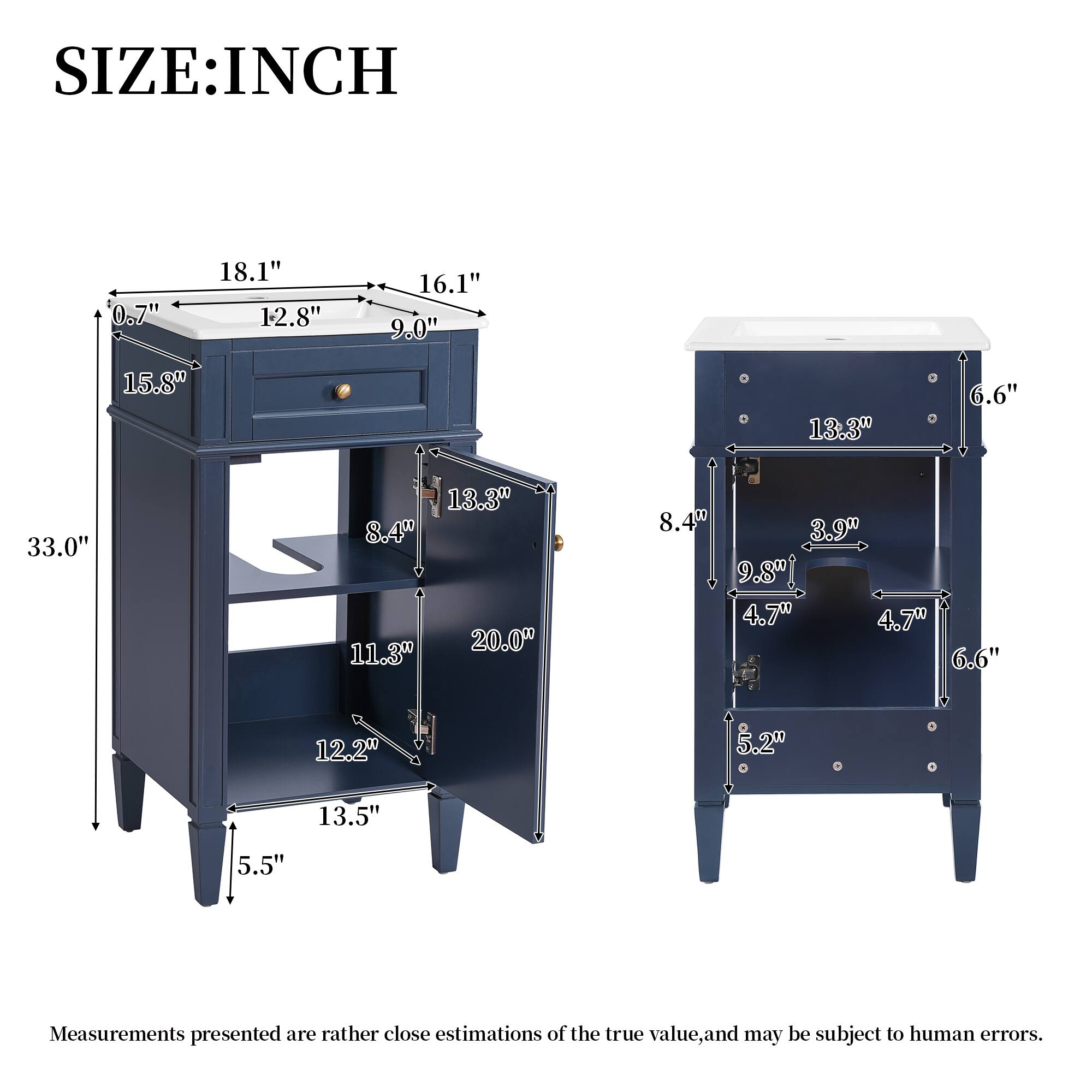 SIZE: INCH

0.7" 18.1" 1-2.8" 16.1" 9.0" 15.8" 13.3" 6.6" 33.0" 13.3" 8.4" 20.0" 11.3" 8.40 3.9" 9.8" 4.70 4.7W 6.6" 12.2" 5.2" 13.5" 5.5"

Measurements presented are rather close estimations of the true value, and may be subject to human errors.