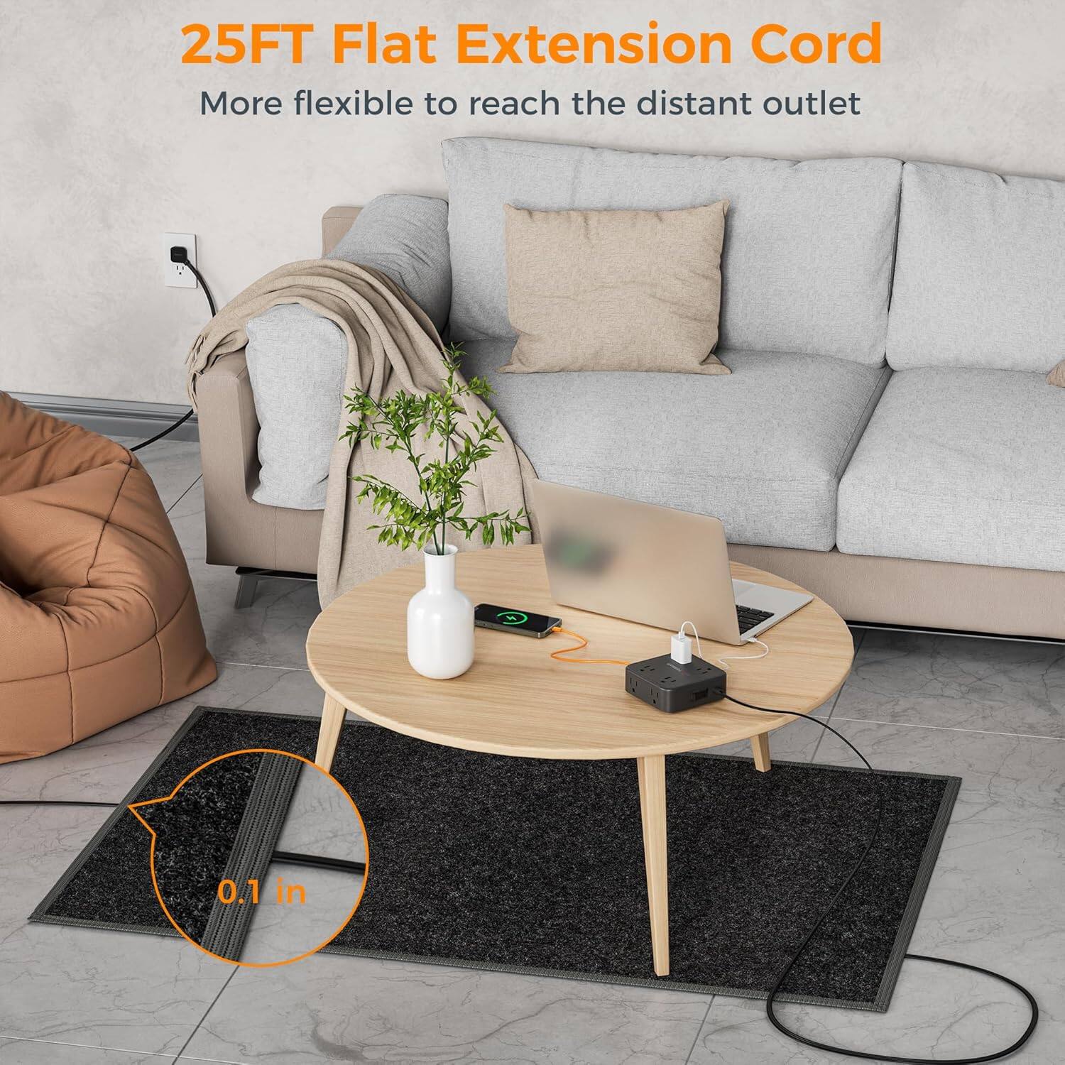 25FT Flat Extension Cord  
More flexible to reach the distant outlet  

0.1 in
