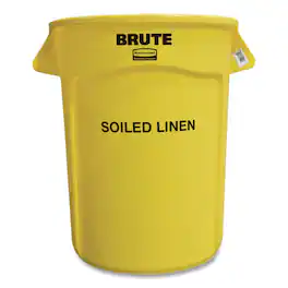 RubberMaid - Vented Round Brute Container, "Soiled Linen" Imprint, 32 gal, Plastic, Yellow