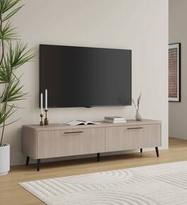 Spaco - TV Stand for TVs Up to 75 Inch, Mid-Century Media Console with 2 Fluted Drawers and Metal Legs, for Living Room - Oak