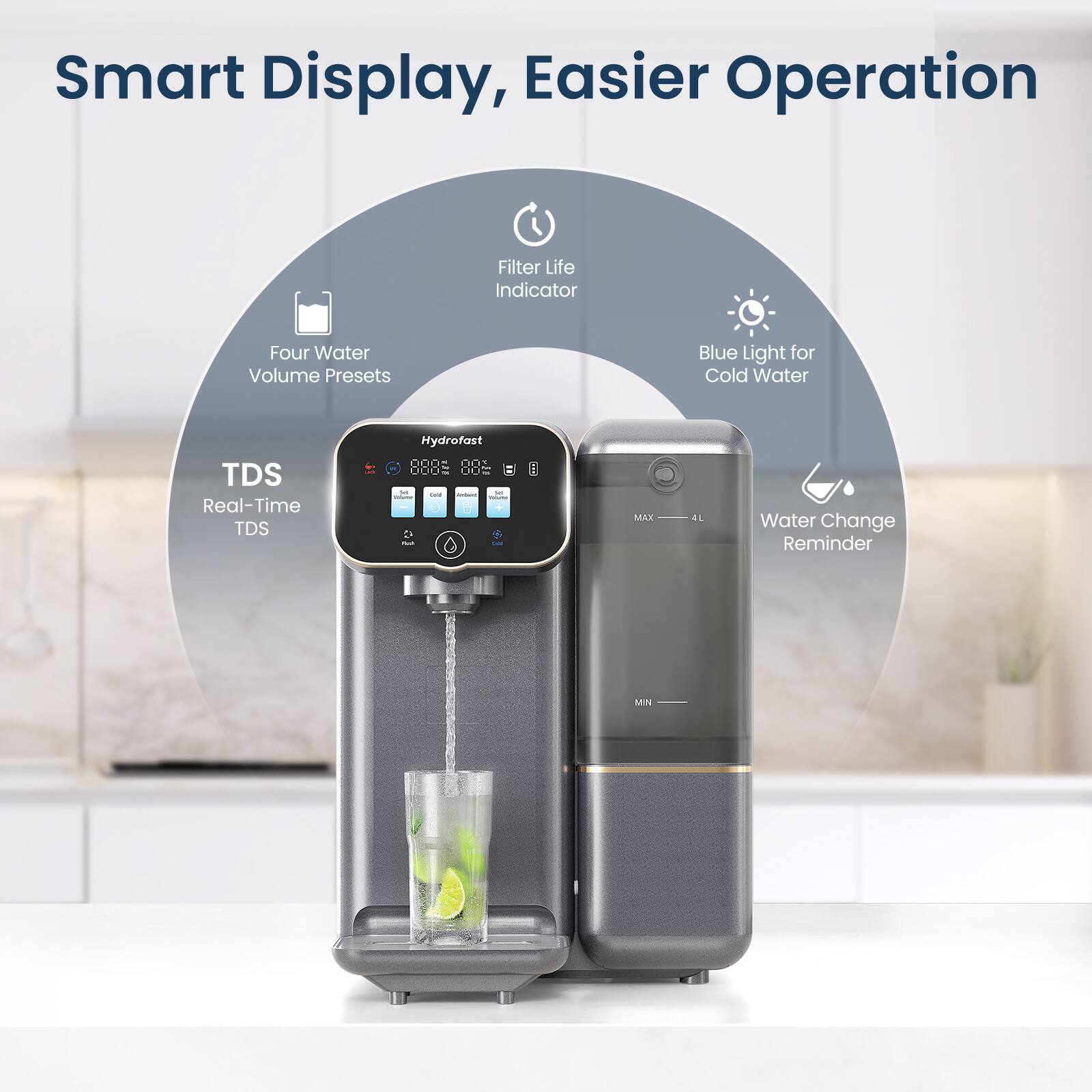 Smart Display, Easier Operation  
- Filter Life Indicator  
- Four Water Volume Presets  
- Blue Light for Cold Water  
- TDS Real-Time TDS  
- Water Change Reminder